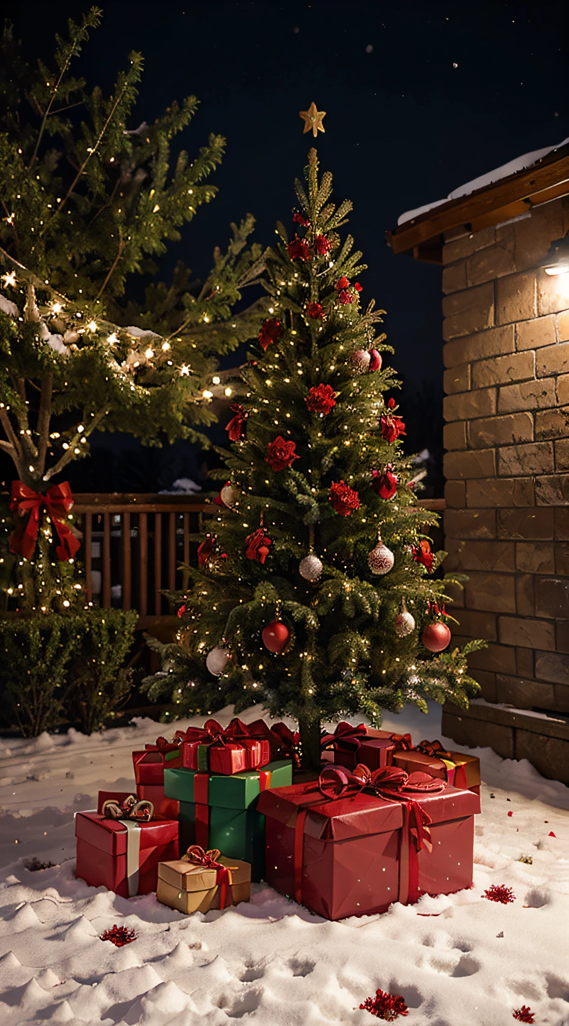 Christmas tree with red flowers and gifts in snowfall at night