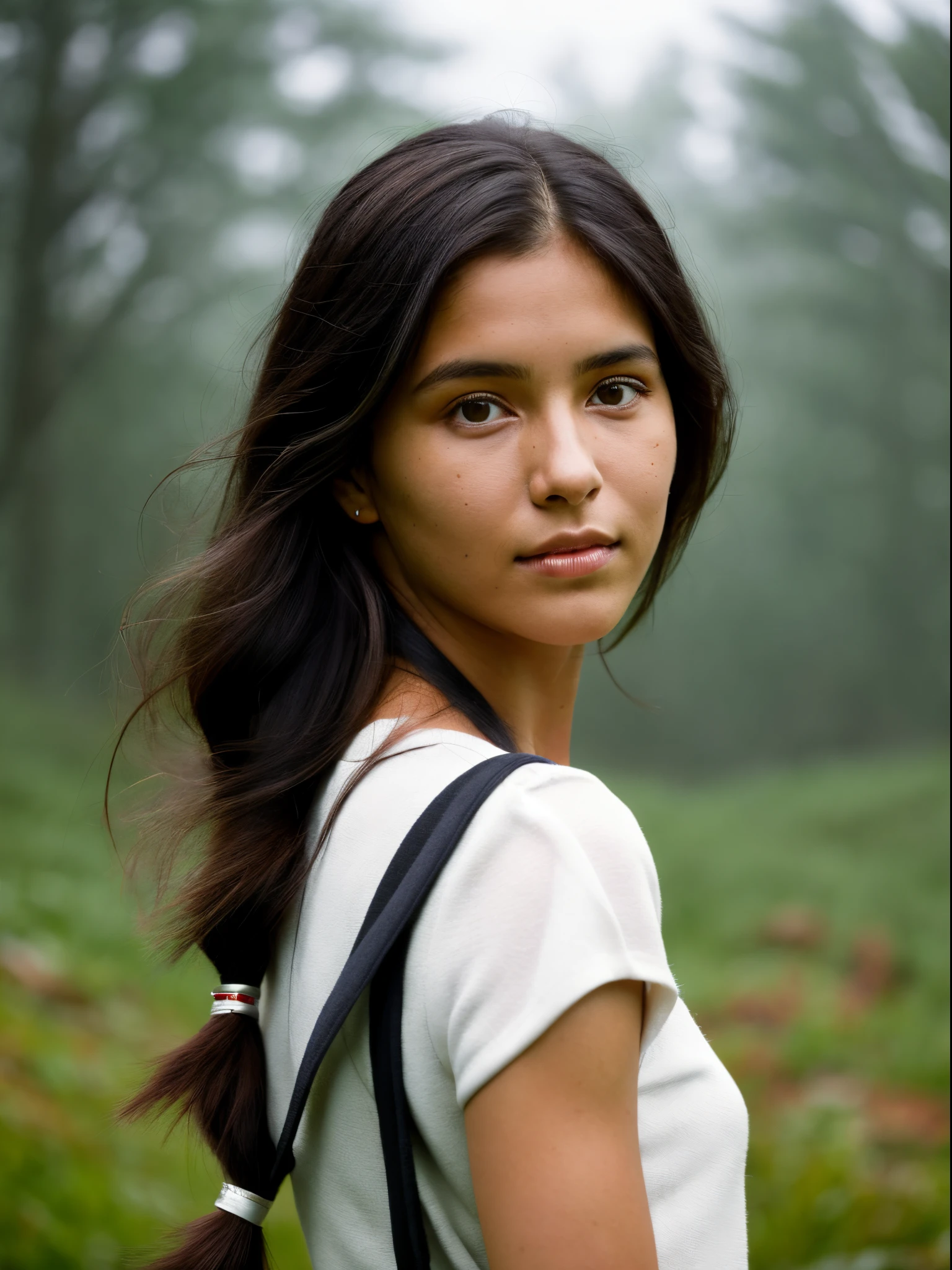 (Realistic:1.5), photorealistic, RAW photo, analog photo style, depth of field, ultra detailed photo of american indian woman, cute face, perfect body, dressed in minimalistic clothing with native and futuristic elements, 20 years old, she tilted her head but looking to camera, in idillic foggy hollow, dinamic pose, in style of Luis Rojo, naturally cinematic colors