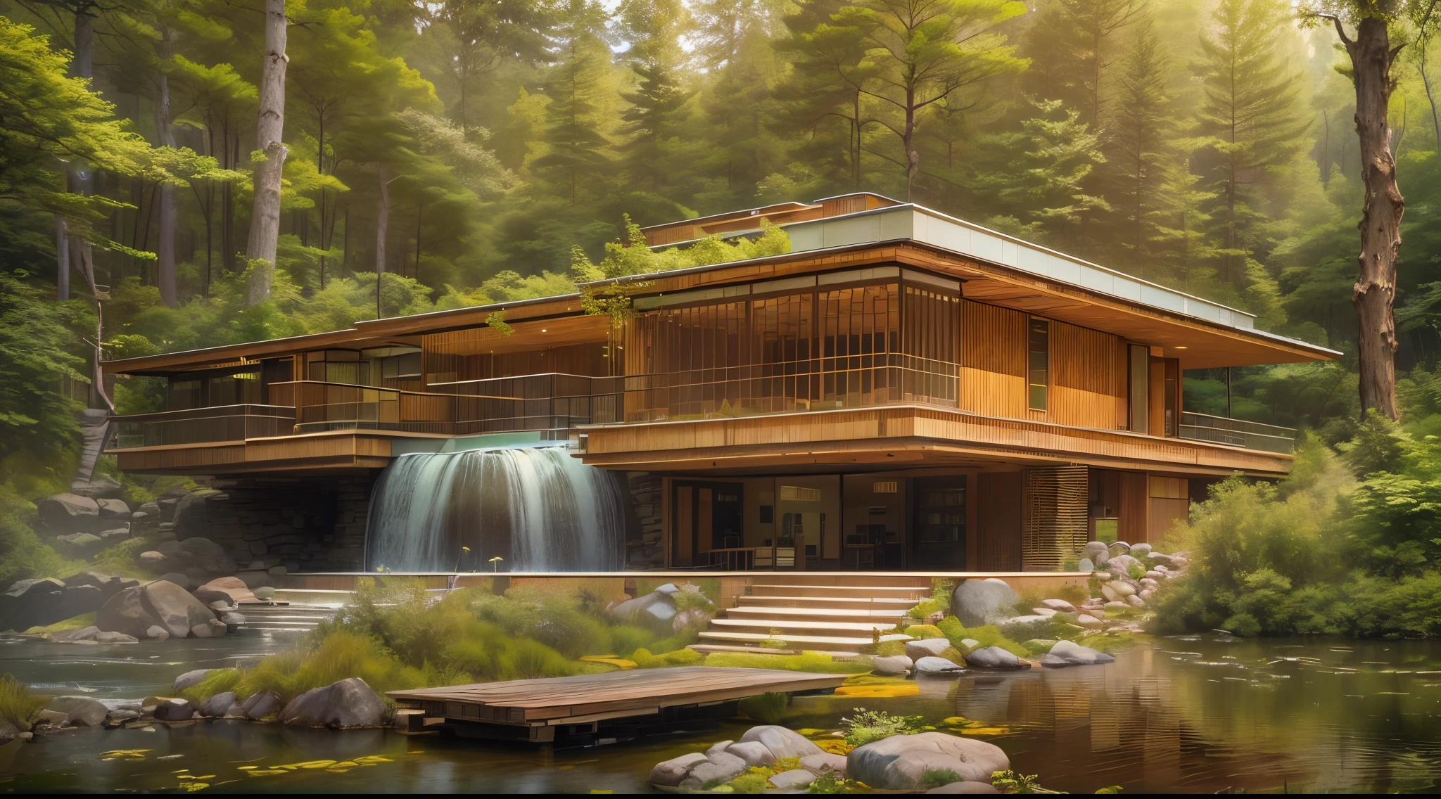 Small glass villa in the forest, futuristic wooden house, Vertical wooden panels (((Water falls))), (((one store house))) (minimalism influence), ((Frank Lloyd Wright Fallingwater)),(((with large terraces))), ((natural lake)), waterfall, one-story house, big panorama windows. (((Standing wooden panels))) waterfall inside atrium,
