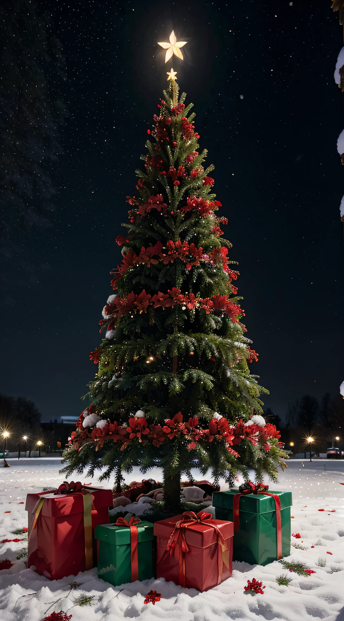 Christmas tree with red flowers and gifts in snowfall at night