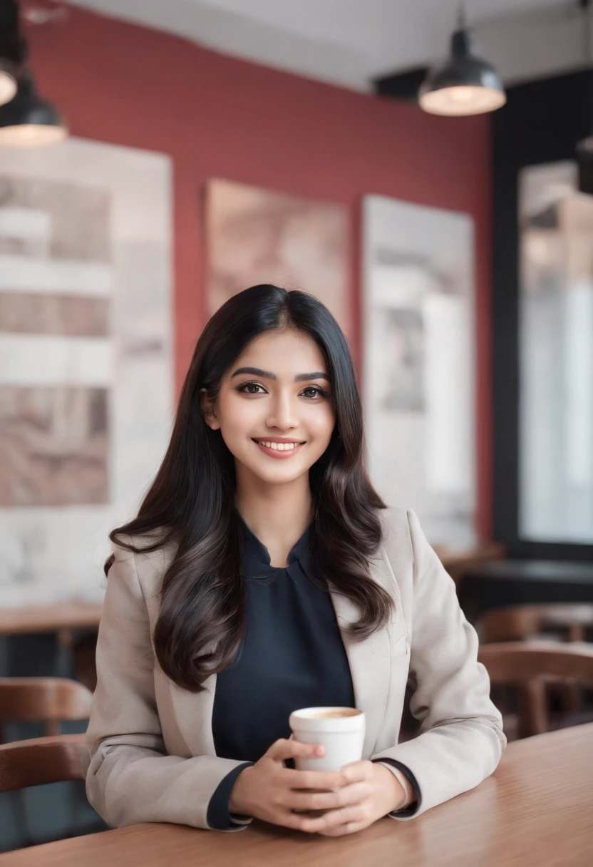 Wearing coat, upper body, overcoat, necklace on the chest, smiling at the desk in coffee cafe day with red walls nice ambience, long and straight black hair, young indian woman with holding a cup of coffee, sitting on the chair, working on the computer, staring at the screen