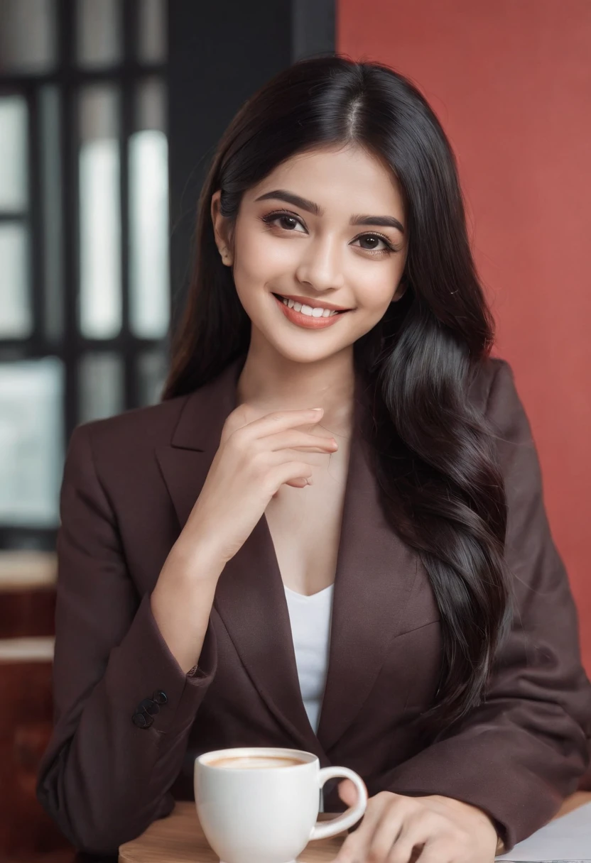Wearing coat, upper body, overcoat, necklace on the chest, smiling at the desk in coffee cafe day with red walls nice ambience, long and straight black hair, young indian woman with holding a cup of coffee, sitting on the chair, working on the computer, staring at the screen