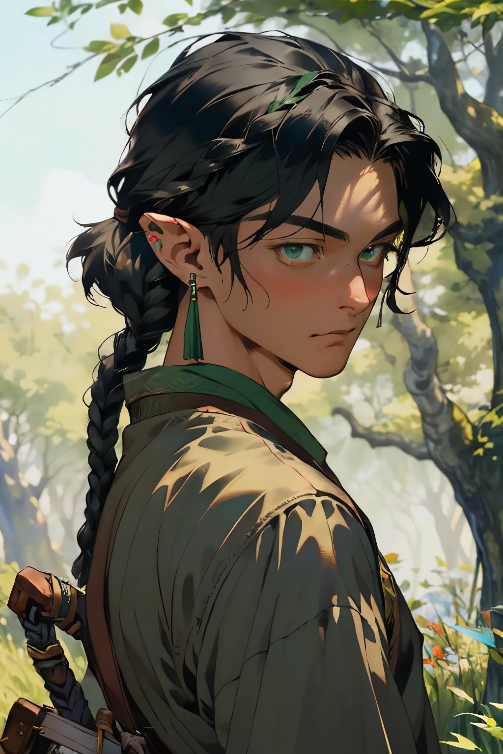Realistic, (Masterpiece, Top Quality, Best Quality, official arts,), Very detailed, Most Detailed, (1boy:1.3), Gods, black hair, mysterious, handsome male, ((Zelda's style)), Prairie, Shepherds, pale green clothes, Ornaments, earings, Single braids