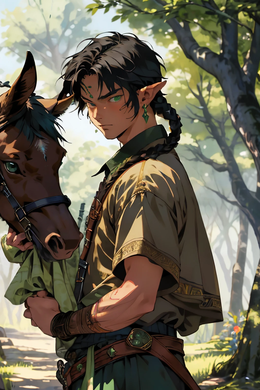 Realistic, (Masterpiece, Top Quality, Best Quality, official arts,), Very detailed, Most Detailed, (1boy:1.3), Gods, black hair, mysterious, handsome male, ((Zelda's style)), Prairie, Shepherds, pale green clothes, Ornaments, earings, Single braids