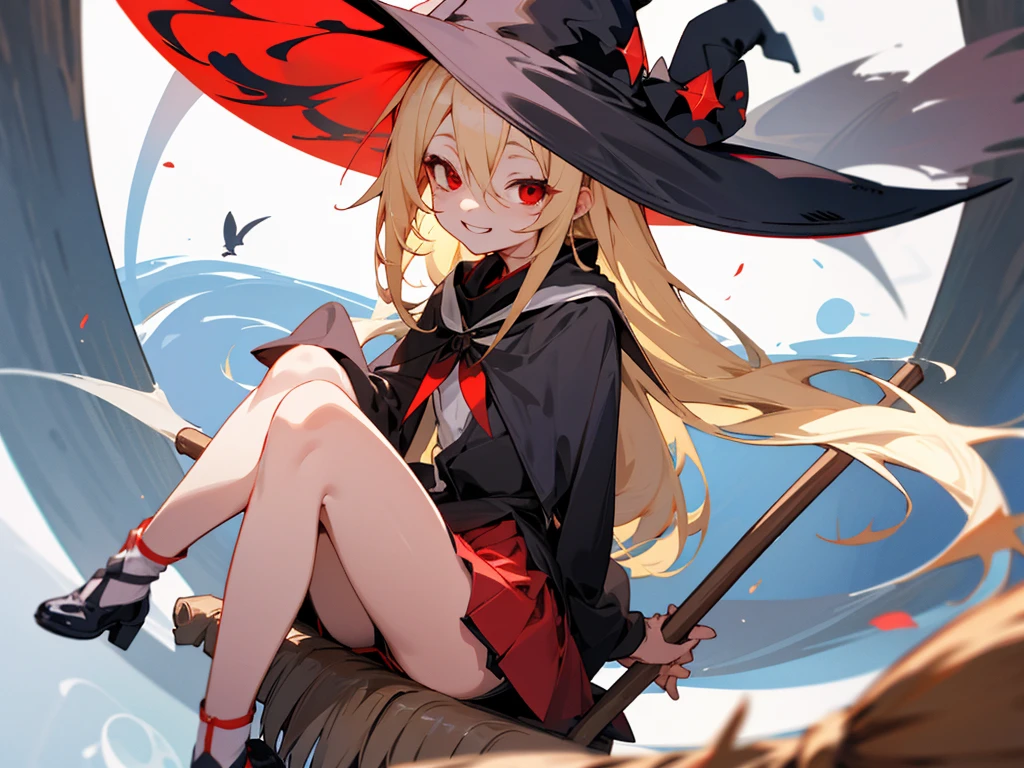 Witch Girl、a blond、Red Eyes、Smiling、a miniskirt、Sitting on a broom