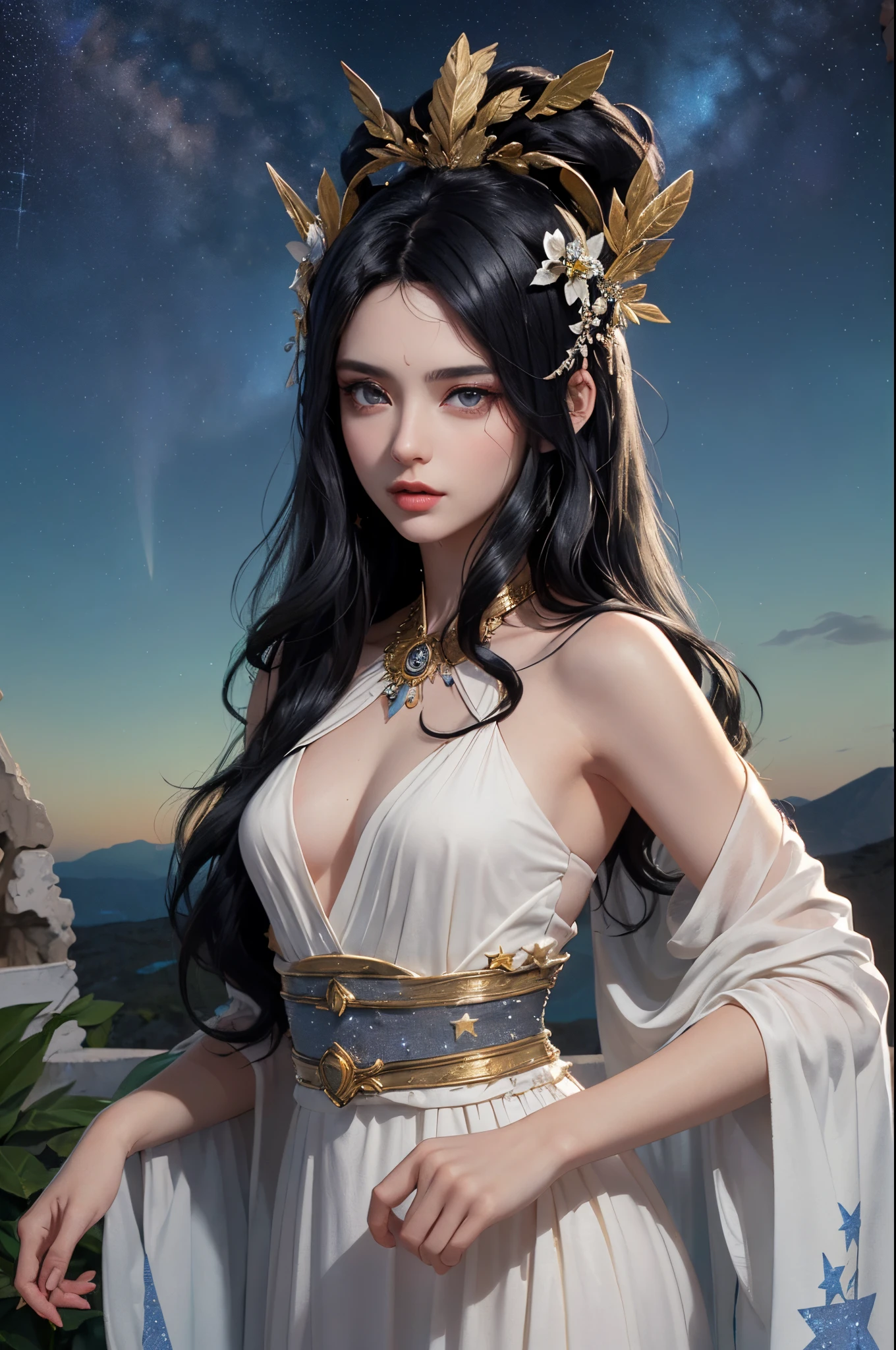 (((Greek goddess)))best quality, very high resolution, 4K detailed CG, master piece, (stars that make up the sky: 1.7), fictional art, beautiful and detailed eyes, beautiful and detailed irises, RAW photos, best photos, Greek mythology, hera, goddess of agriculture, beautiful clear face and well-proportioned eyes, very beautiful and meticulous hair makeup, (long and delicate black hair, delicate, body image: 1.8),(high skin detail: 1.1), plantations, Greece, agriculture, olimpus mountain, (( goddess Hera)),greek mythology, goddess of cultivation, aesthetics, Beautiful image, centered on the screen, aurora beautiful and flowery, (more details:0.8), white silk costumes, Greek mythology costumes, vivid colors, wide hips, strong muscles line, best hair jewelry, hanfu, Multiple poses and expressions