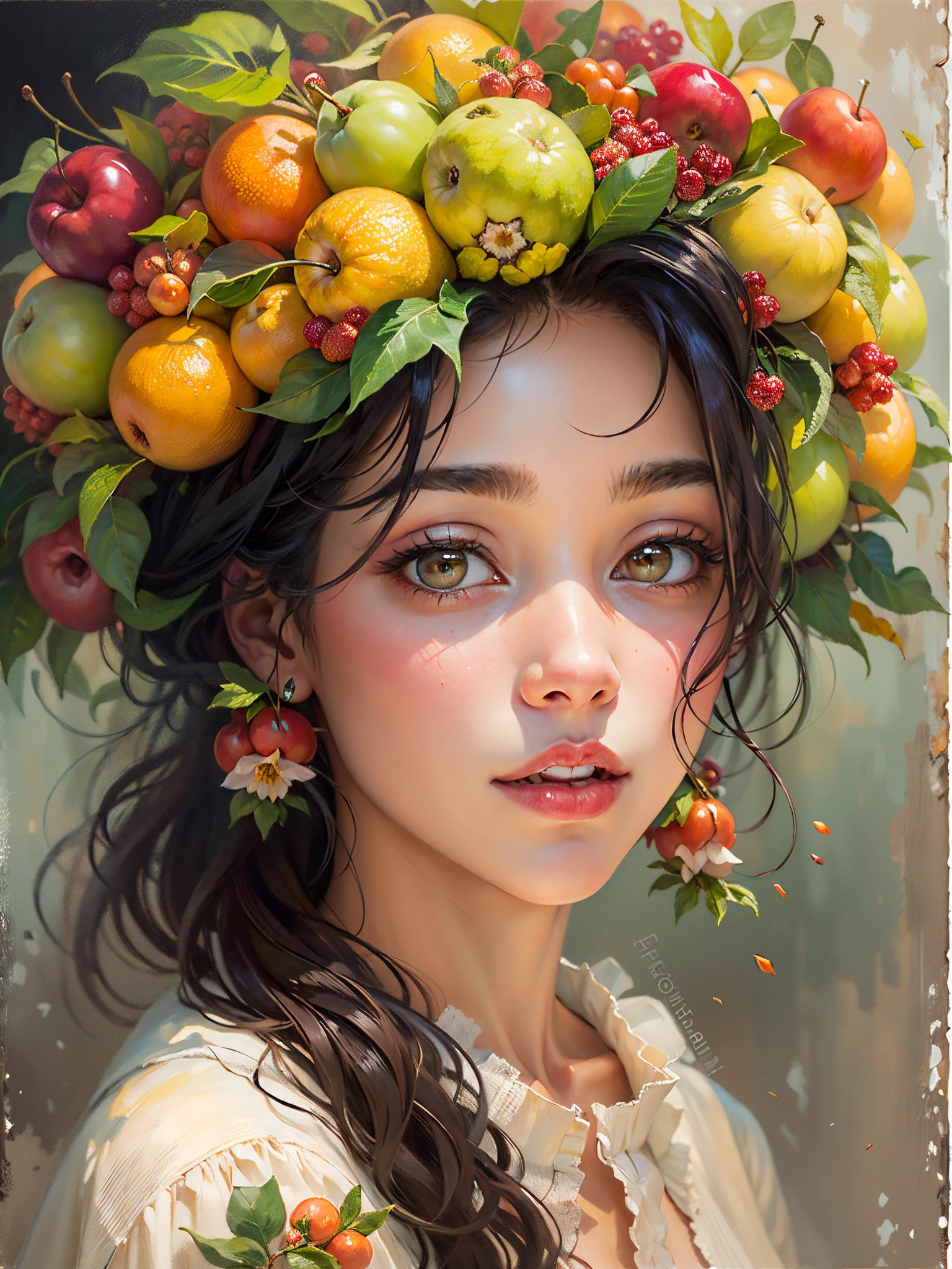 an oil painting,Beautiful girl wearing fruit flower hat, Guviz-style artwork,,Artistic creativity:1.37