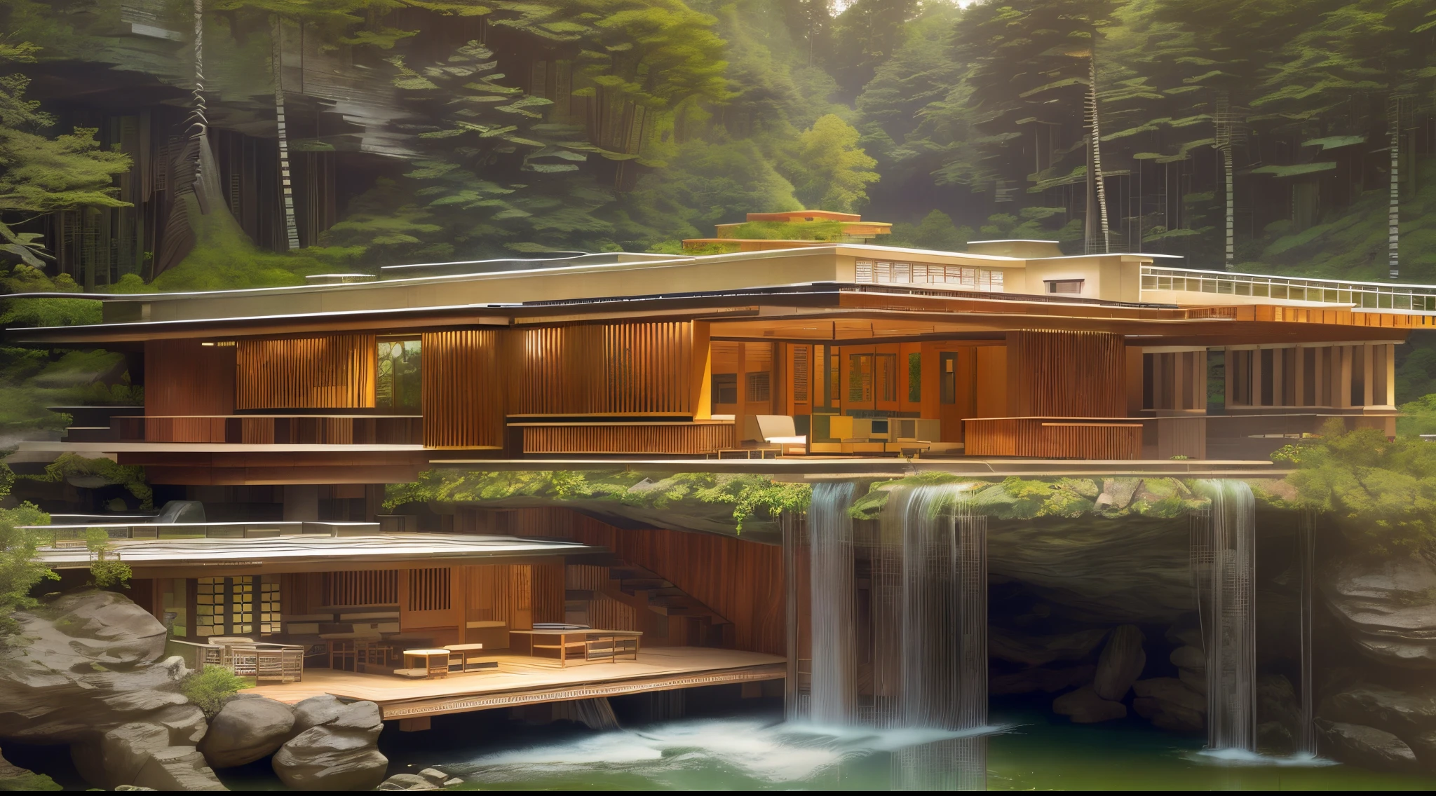 Small glass villa in the forest, futuristic wooden house, Vertical wooden panels (((Water falls))), (((one store house))) (minimalism influence), ((Frank Lloyd Wright Fallingwater)),(((with large terraces))), ((natural lake)), waterfall, one-story house, big panorama windows. (((Standing wooden panels))) waterfall inside atrium,