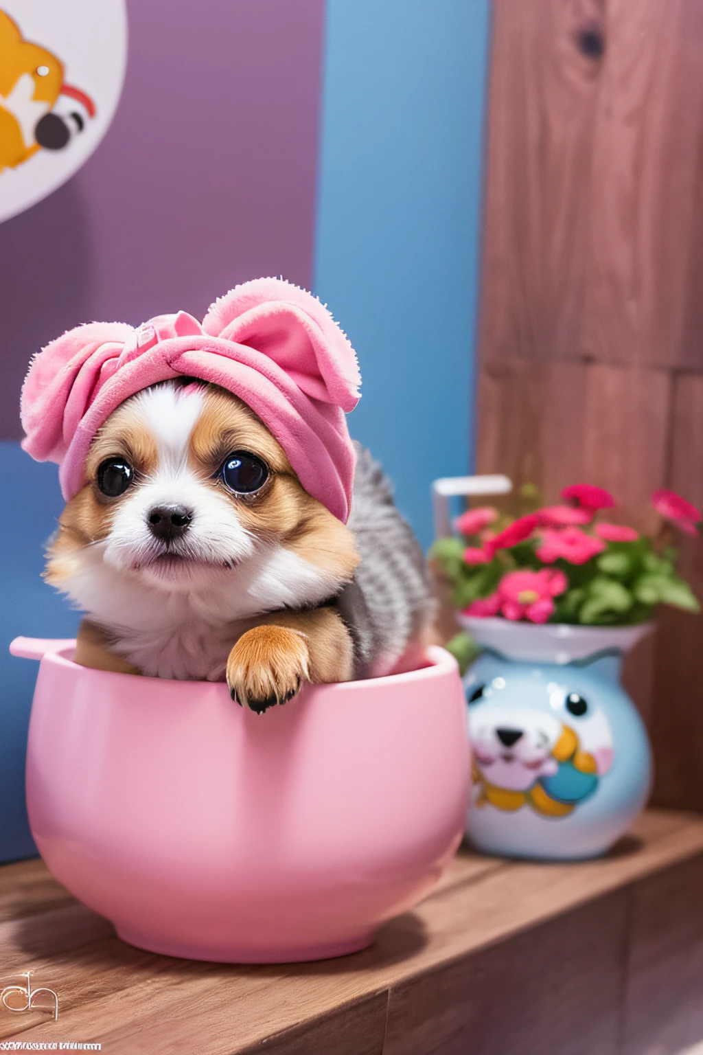 arte de petshop, fundo colorido em tons de rosa, um cachorro tomando banho, tema feliz