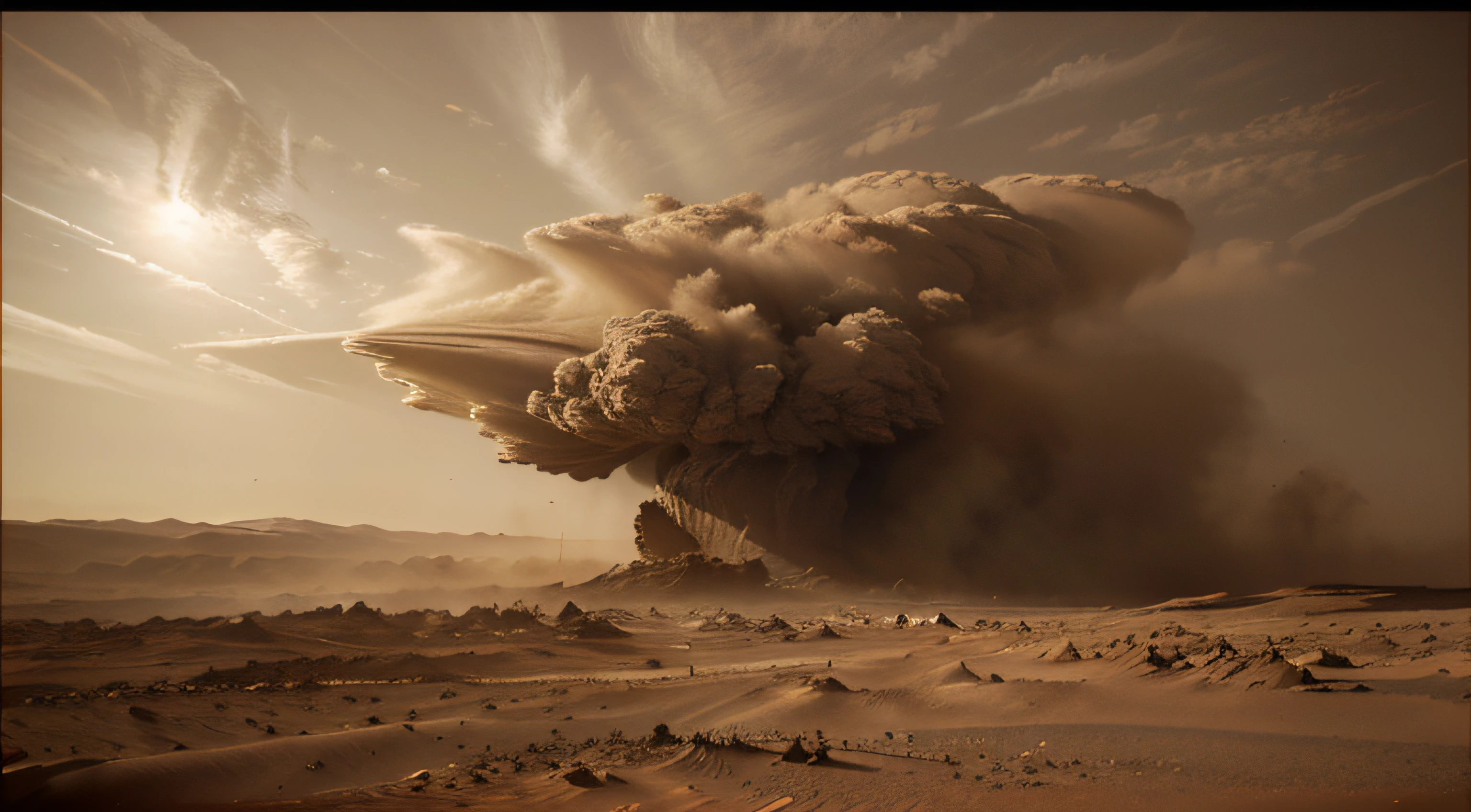 On Mars, dust storm, Martian tornado, wind picture bright, strong texture, realistic photography, Mars yellow sky, dust storm details, super wide angle, high realism, light and dark