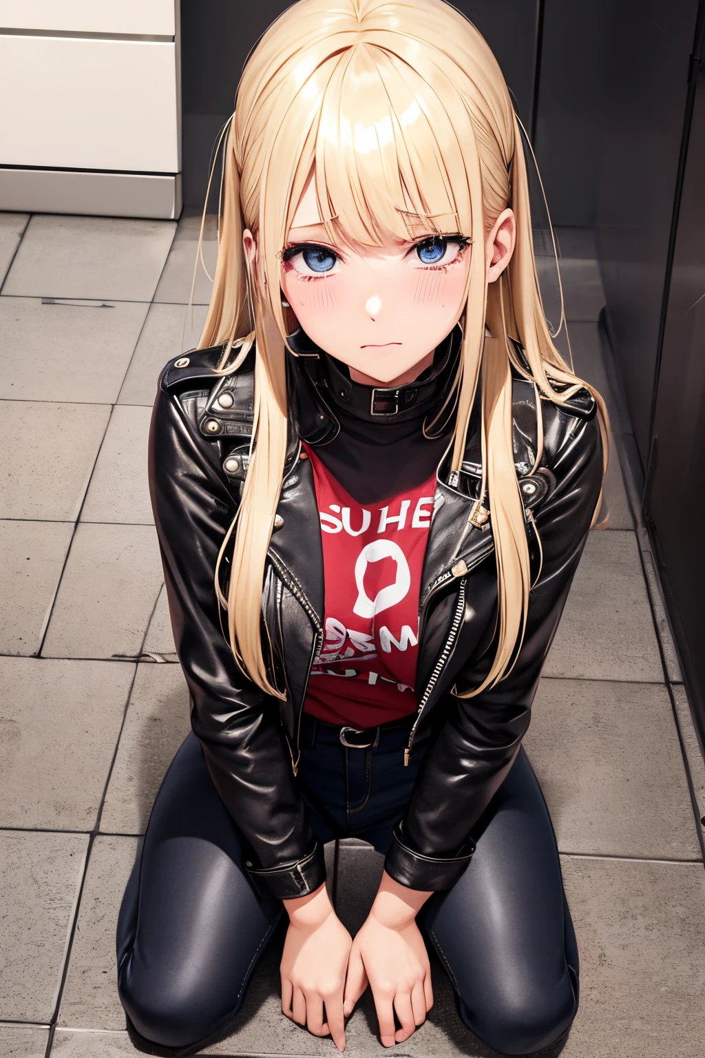 full body, american girl in high waist jeans, blonde hair, kakegurui hairstyle, black leather jacket, big puddle of urine on the floor between her legs, urine flooding from her jeans, 30 years old urination, humiliated, tears, blush, standing, classroom, facial embarrassment expression, crying for help, urine puddle between shoes, holding crotch with hands