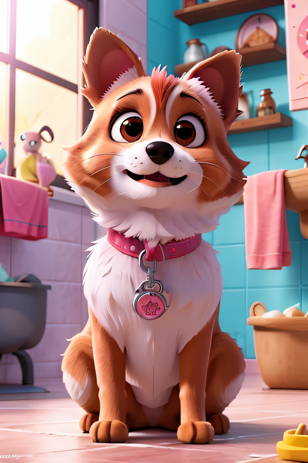 arte de petshop, fundo colorido em tons de rosa, um cachorro tomando banho, tema feliz