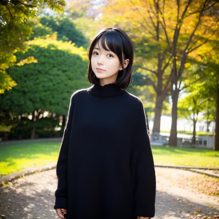 1girl in、24 year old、A dark-haired、Shorthair、Black Casual Dress、a park、autumnal