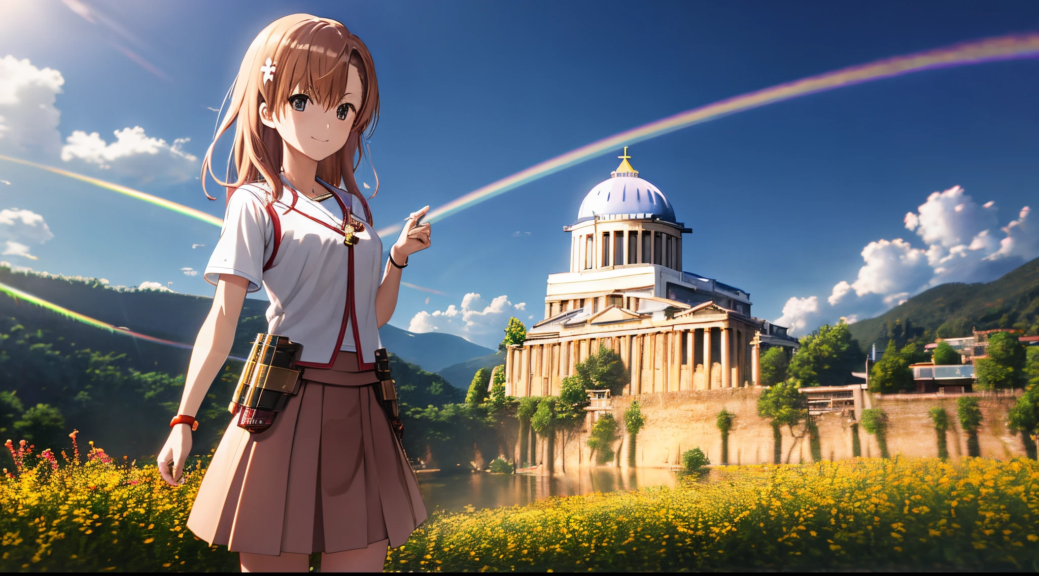 Anime view of Misaka mikoto, 1girl, , kawaii, solo, chestnut hair, hairpin,brown eyes, standing, looking at viewer,smile,golden armor,praying beads on neck, long skirt,flower fields in greek Acropolis waterfalls in background,anime style,deep depth of field,wide angle view,Lumen Reflections,Screen Space Reflections,Diffraction Grading,Chromatic Aberration,GB Displacement,Scan Lines,Ray Traced,Anti-Aliasing,FXAA,TXAA,RTX,SSAO,Shaders,OpenGL-Shaders,GLSL-Shaders,Post Processing,Post-Production,cell Shading,Tone Mapping,CGI,VFX,SFX,insanely detailed and intricate, 4K