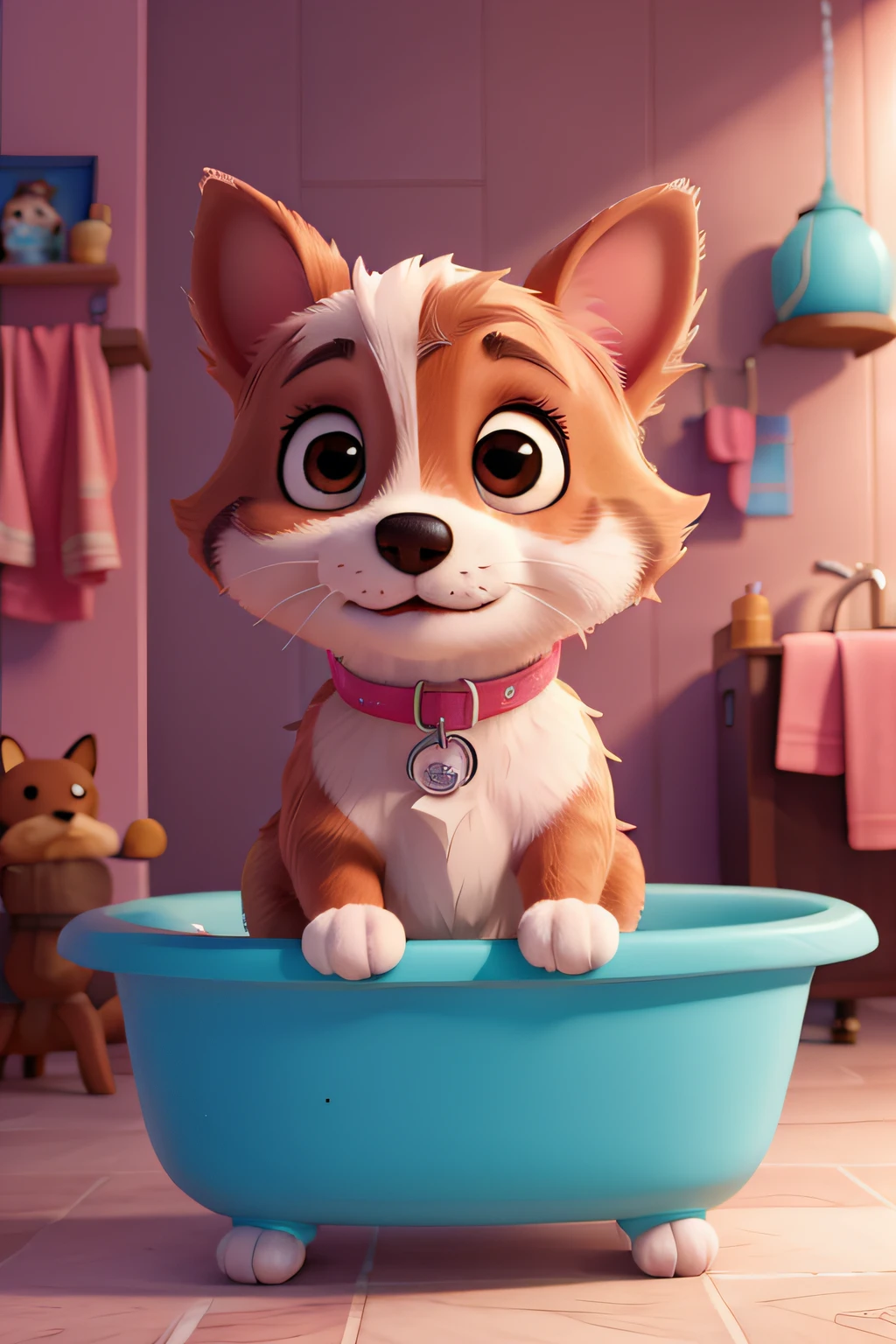 arte de petshop, fundo colorido em tons de rosa, um cachorro sorrindo tomando banho, tema feliz