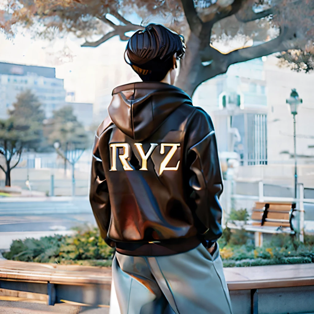 arafed image of a man standing in front of a park bench, inspired by Ryan Yee, inspired by Raymond Han, ryuu, artwork in the style of guweiz, realistic anime 3 d style, by Ryan Yee, stylized anime, kyza, reyyan, realism artstyle, inspired by Yu Zhiding, guweiz, RYZ writing on the shirt