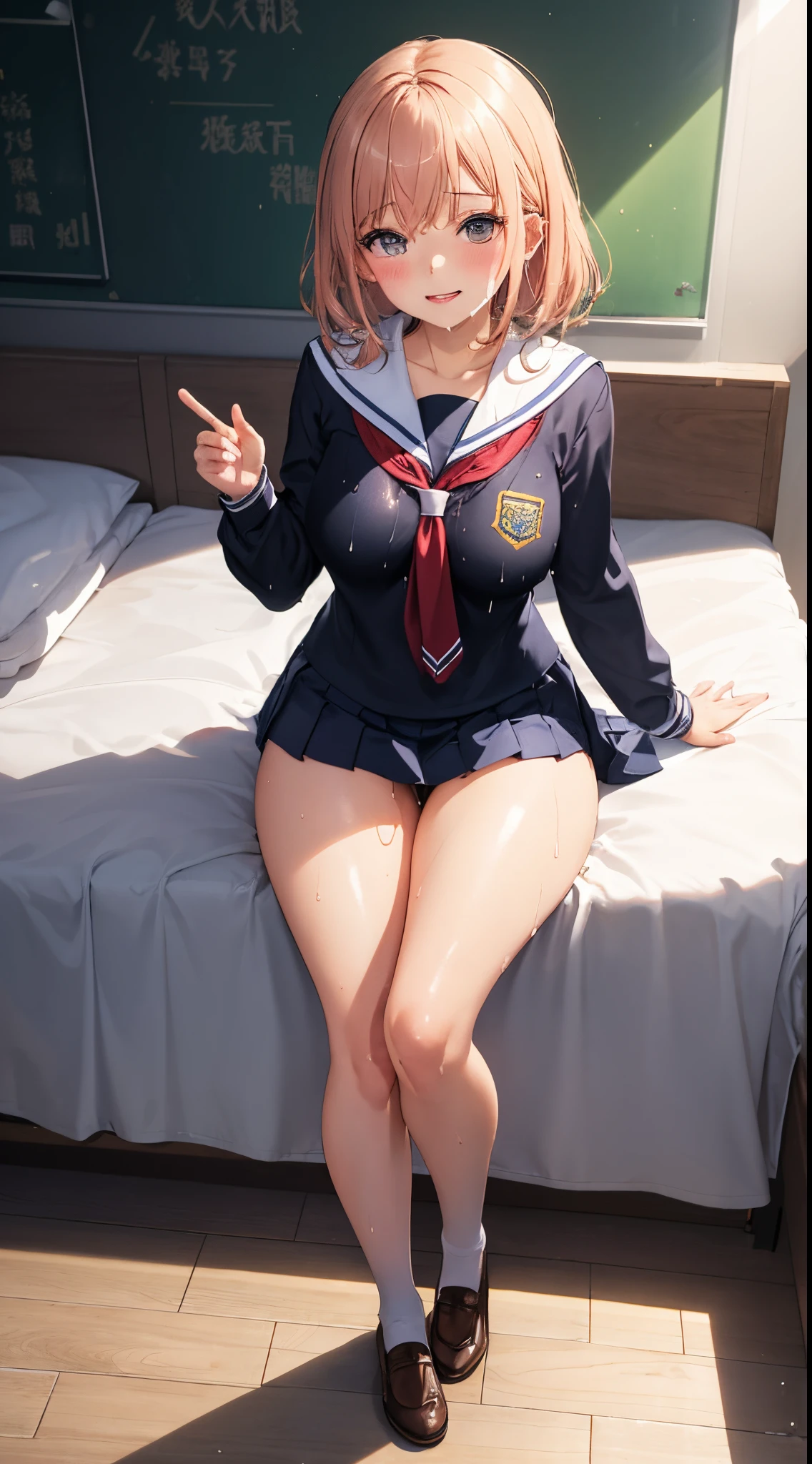 1girl in, Parted lips, blush, makeup, lightsmile, School uniform, Full body, Wide Angle, From  above, crass room, llight rays, Glow, thighs thighs thighs thighs, 鎖骨, Narrow waist, (masutepiece), Wallpaper,Wet body、Micro lingerie that can be seen even over clothes、Drooling