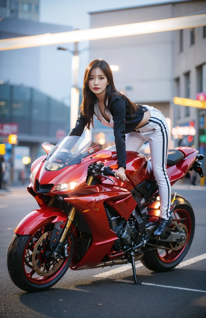 Araffe woman sitting on a red motorcycle in the city, motor bikes, Motorcycle, by Yang J, 8k artgerm bokeh, Red Light and Film, Korean women, Motor Bike, Ride on a cyberpunk motorbike, beautiful south korean woman, korean girl, korean women's fashion model, jaeyeon nam, Ride on a motorcycle, 🚿🗝📝