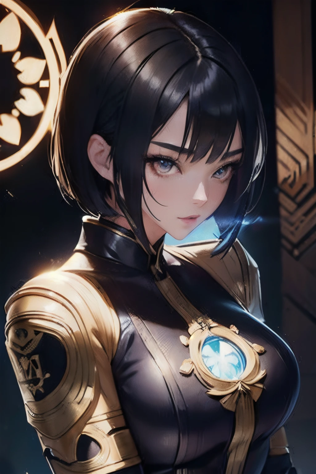 beautiful japanese young woman, extreme detailed, bodysuit (glowing effects) (milittary gear), gloves (glowing effects), belt (glowing effects), thigh boots (glowing effects), respirator (glowing effects) (gas mask:0.4), looking at viewer, face, portrait, close-up, slender (solo character), short hair (black hair),