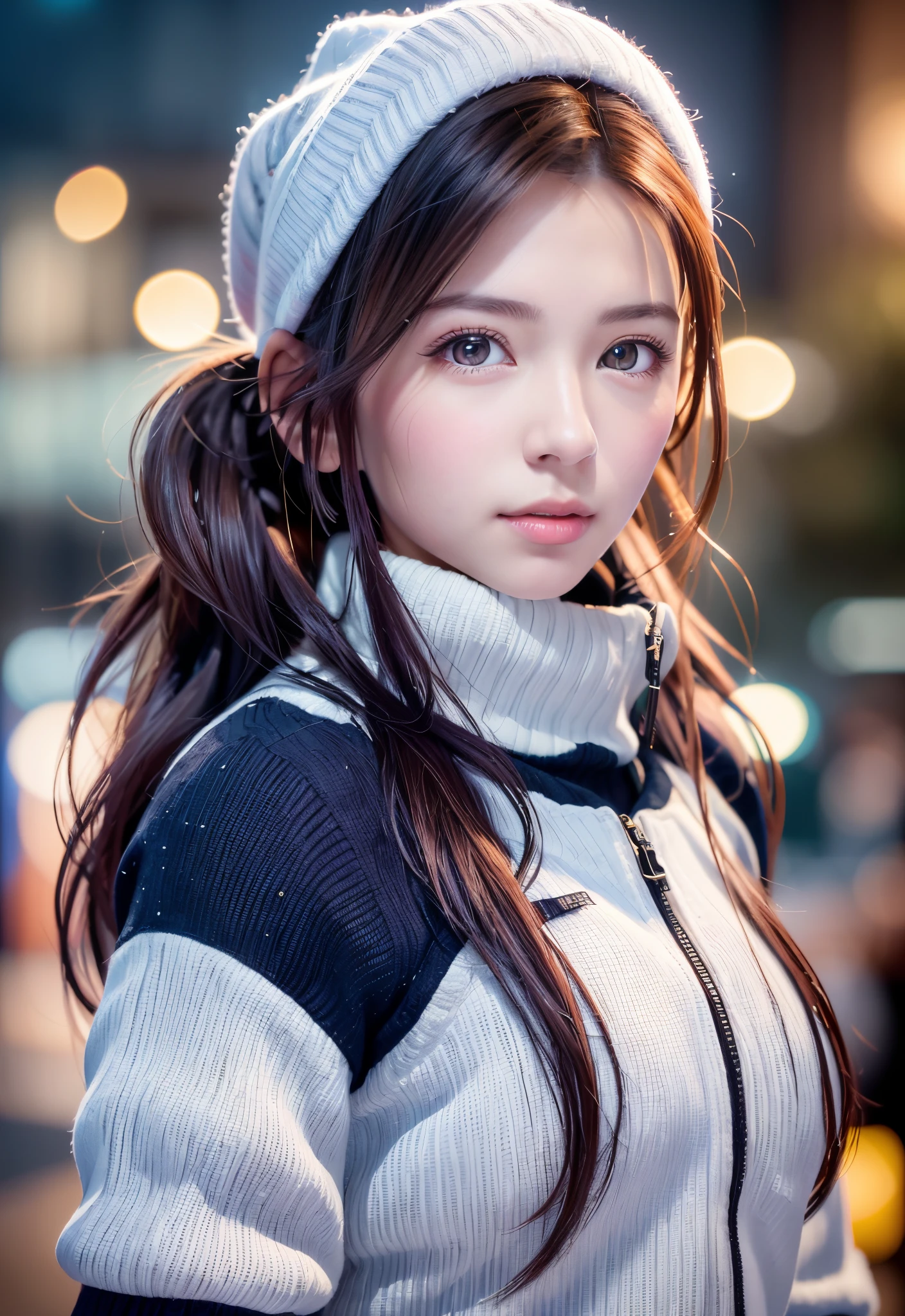 8K, of the highest quality, masutepiece:1.2), (Realistic, Photorealsitic:1.37), of the highest quality, masutepiece, Beautiful young woman, Pensive expression,、A charming、and an inviting look, skiing、snowboarder、Ski Wear, Hair tied back, Cinematic background, Light skin tone、Ski Resort Background