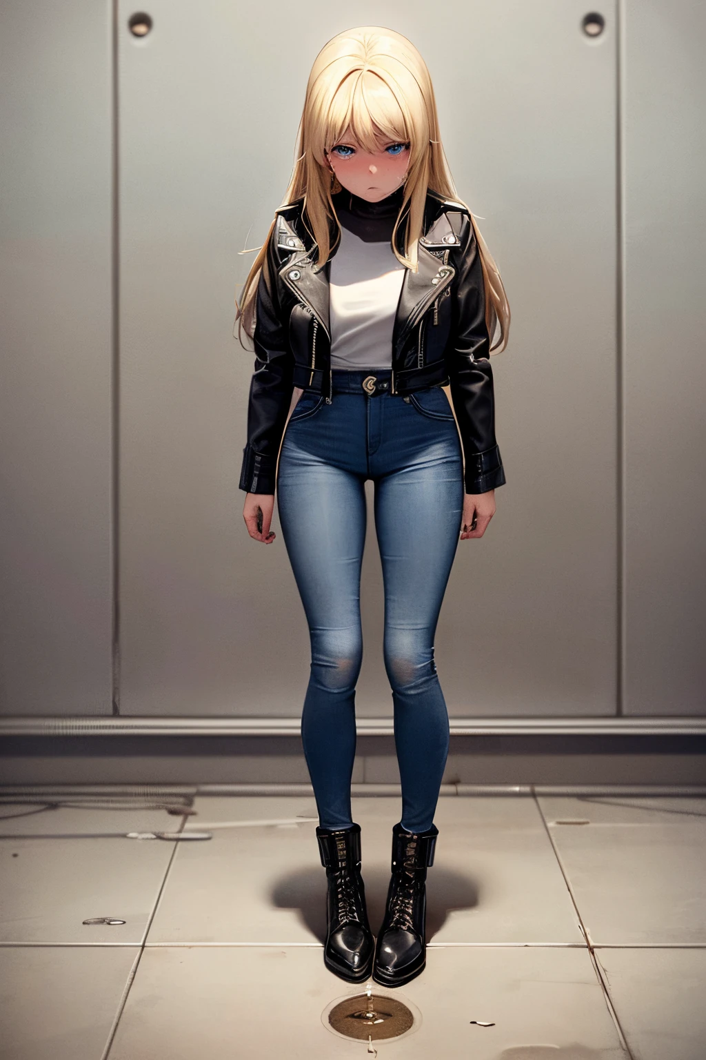 full body, american girl in high waist jeans, blonde hair, blue eyes, black leather jacket, big puddle of urine on the floor between her legs, urine flooding from her jeans, 20 years old urination, humiliated, tears, blush, standing, classroom, facial embarrassment expression, crying for help, urine puddle between shoes, holding crotch