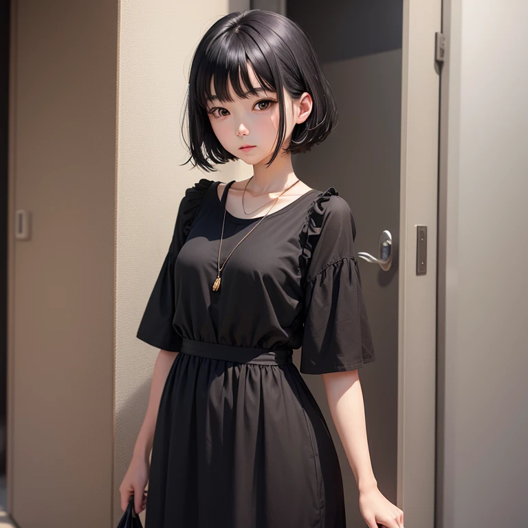 1girl in, 22year old, gradient, up looking_で_viewer, Black_hair, Solo by JM, Yoshiko Akishino, Shorthair, BLACK casual dress