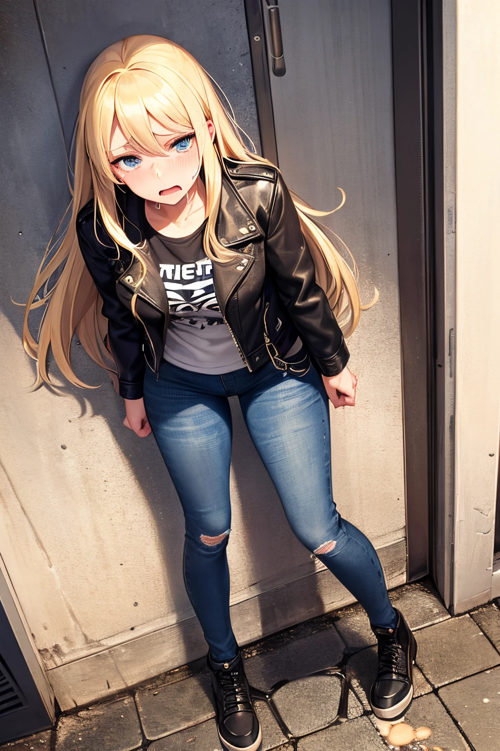 full body, american girl in high waist jeans, blonde hair, blue eyes, black leather jacket, big puddle of urine on the floor between her legs, urine flooding from her jeans, 20 years old urination, humiliated, tears, blush, standing, classroom, facial embarrassment expression, crying for help, urine puddle between shoes, holding crotch
