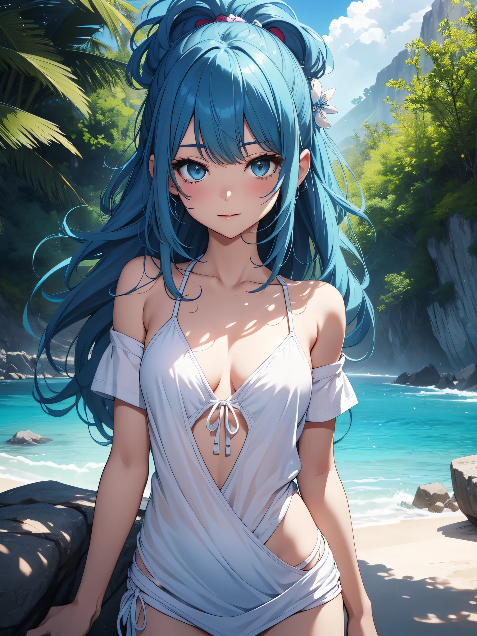 Official art、Top quality ultra-detailed CG art、barechested:1.2)、Blue hair、lively girl、white t-shirts、Transcendent Cute、kirakira、ssmile、Hide and seek、the beach、clean、Short,