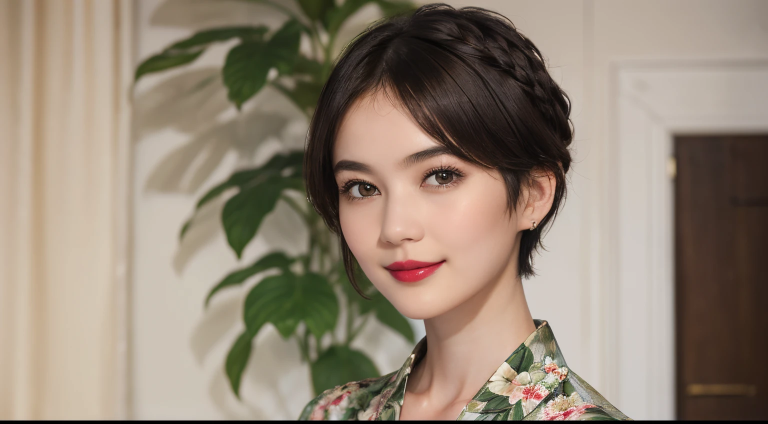 109
(a 20 yo woman,is standing), (A hyper-realistic), (high-level image quality), ((beautiful hairstyle 46)), ((short-hair)), (Gentle smile), (Keep your mouth shut), (lipsticks), (breasted:1.1), Floral clothing