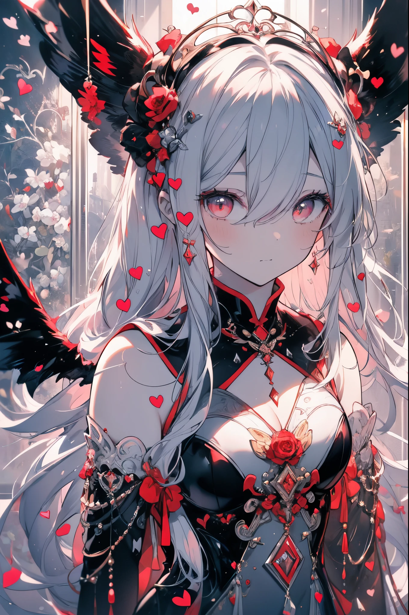 (masterpiece), best quality, expressive eyes, a couple of girls standing next to each other, by Pu Hua, featured on Artstation, gothic art, black and white with red hearts, each having six wings, beautiful gemini twins portrait, streaming on twitch, with long white hair, red dish, holding each other hands, anthro, beautifully rendered, HD