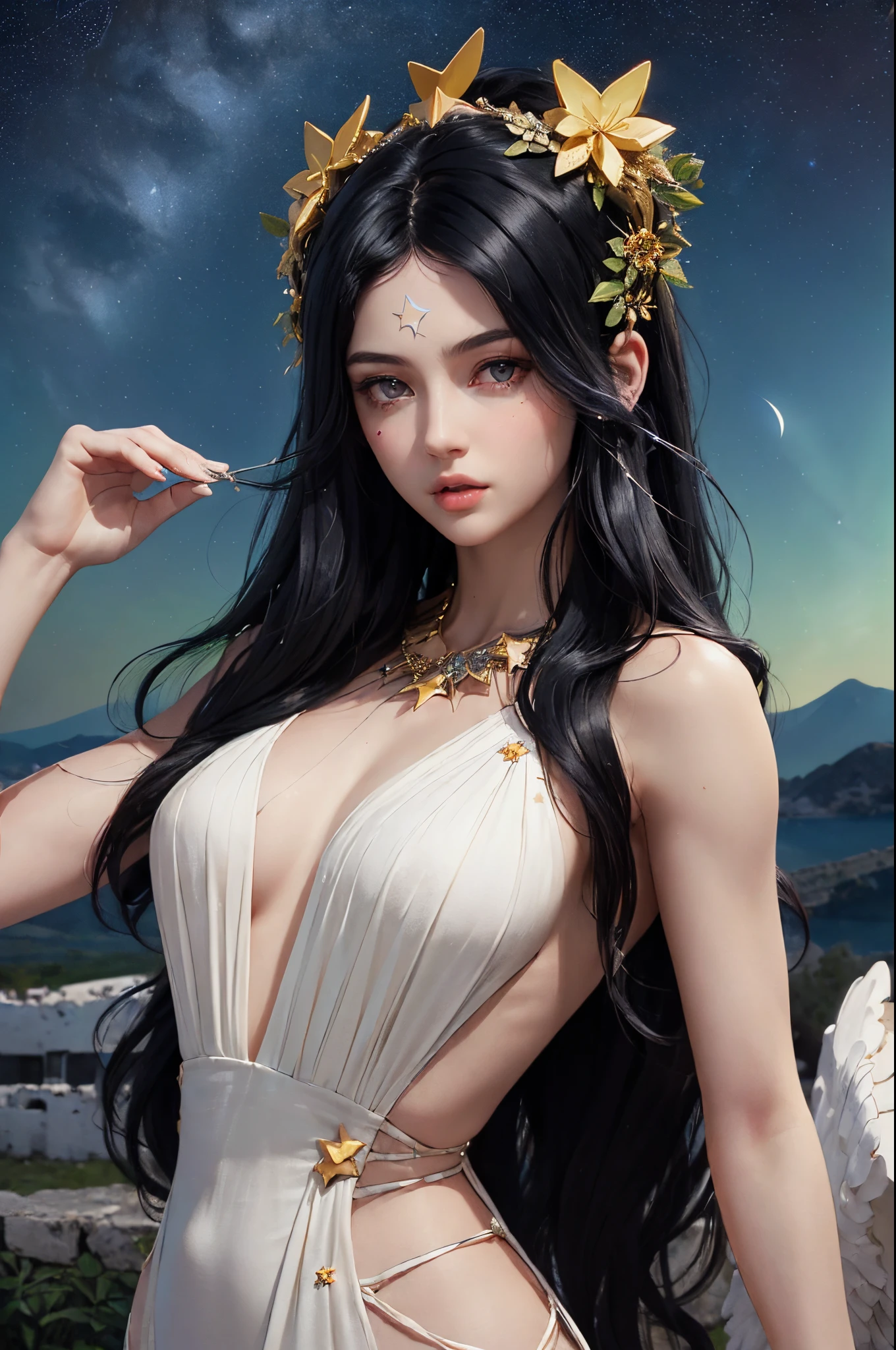 (((Greek goddess)))best quality, very high resolution, 4K detailed CG, master piece, (stars that make up the sky: 1.7), fictional art, beautiful and detailed eyes, beautiful and detailed irises, RAW photos, best photos, Greek mythology, hera, goddess of agriculture, beautiful clear face and well-proportioned eyes, very beautiful and meticulous hair makeup, (long and delicate black hair, delicate, body image: 1.8),(high skin detail: 1.1), plantations, Greece, agriculture, Greek garden, columns Greek,(( goddess Hera)),greek mythology, goddess of cultivation, aesthetics, Beautiful image, centered on the screen, aurora beautiful and flowery, (more details:0.8), white silk costumes, Greek mythology costumes, vivid colors, wide hips, strong muscles line, best hair jewelry,
