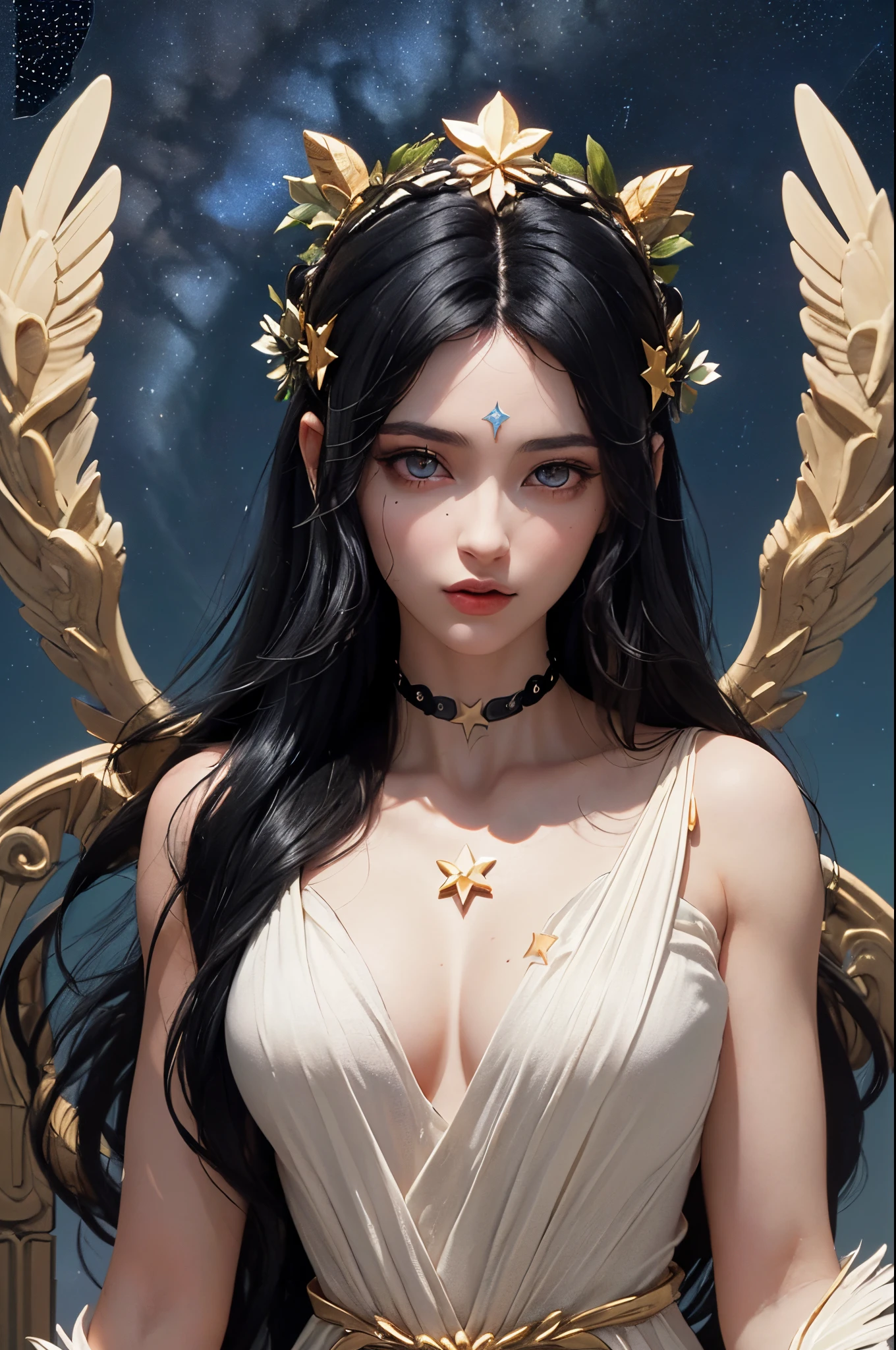 (((Greek goddess)))best quality, very high resolution, 4K detailed CG, master piece, (stars that make up the sky: 1.7), fictional art, beautiful and detailed eyes, beautiful and detailed irises, RAW photos, best photos, Greek mythology, hera, goddess of agriculture, beautiful clear face and well-proportioned eyes, very beautiful and meticulous hair makeup, (long and delicate black hair, delicate, body image: 1.8),(high skin detail: 1.1), plantations, Greece, agriculture, olimpus mountain, (( goddess Hera)),greek mythology, goddess of cultivation, aesthetics, Beautiful image, centered on the screen, aurora beautiful and flowery, (more details:0.8), white silk costumes, Greek mythology costumes, vivid colors, wide hips, strong muscles line, best hair jewelry, Multiple poses and expressions