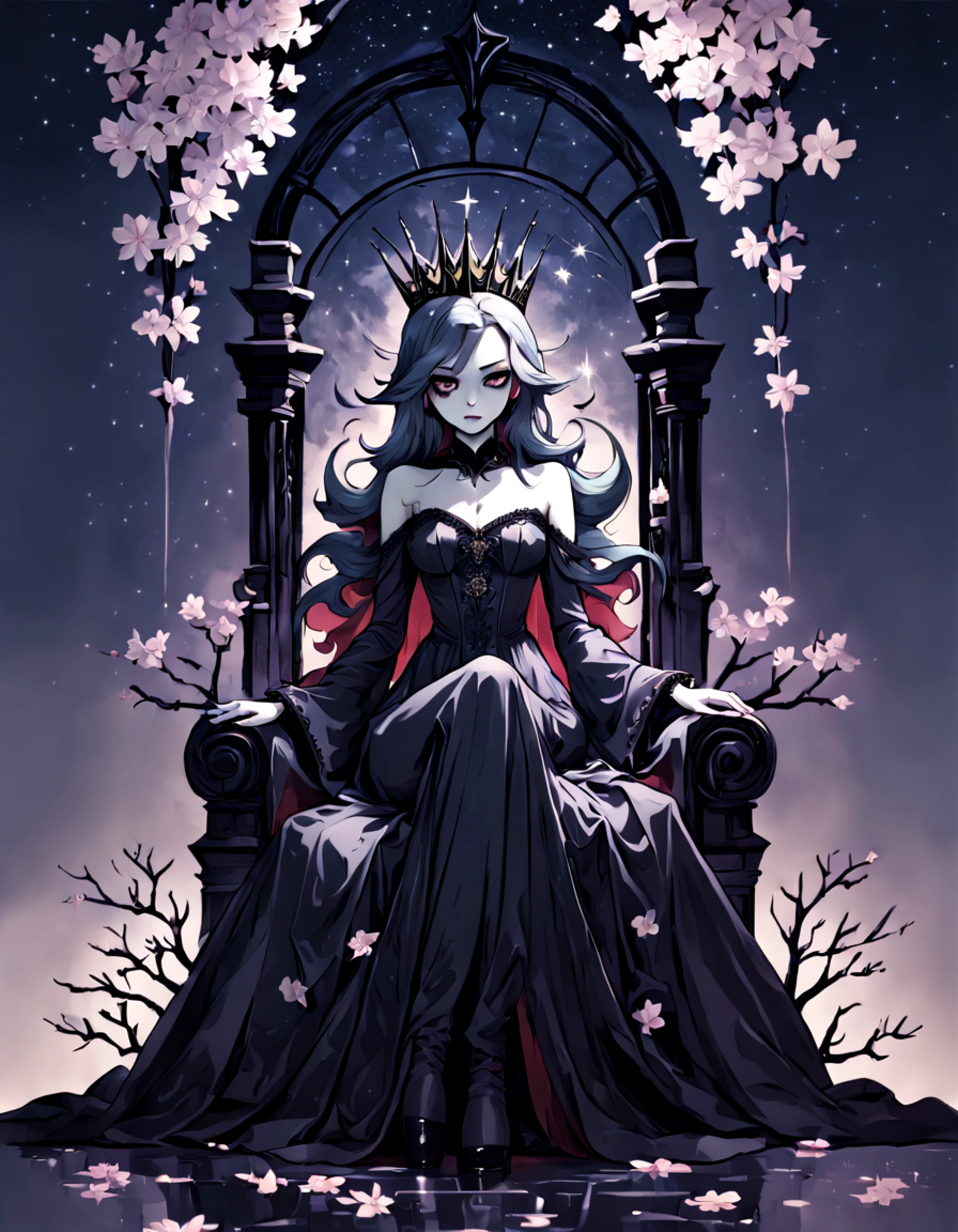 lineart, LineAniAF, (full body shot:1.3), (low angle distant shot:1.3), beautiful tall ((vampire queen)) (((sitting on a high menacing legendary thrown))), crown, long dress with rich gothic ornate, cherry blossoms, (starry ethereal night) in the background, thick outlines