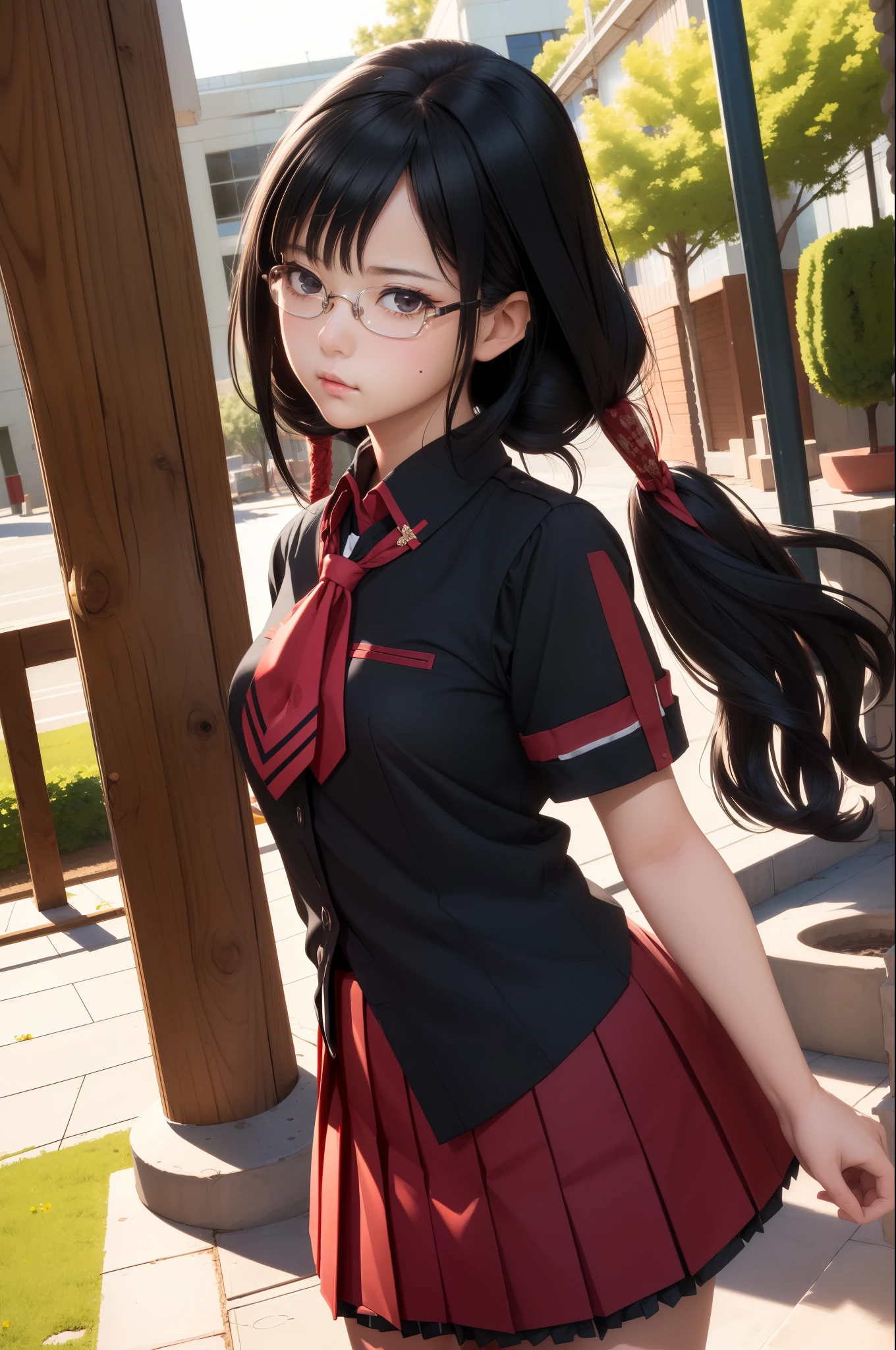 (masterpiece, best quality:1.2), cowboy shot, solo, 1girl, kisaragi saya, expressionless, closed mouth, looking at viewer, twintails, glasses, school uniform, skirt, dinamic lighting,