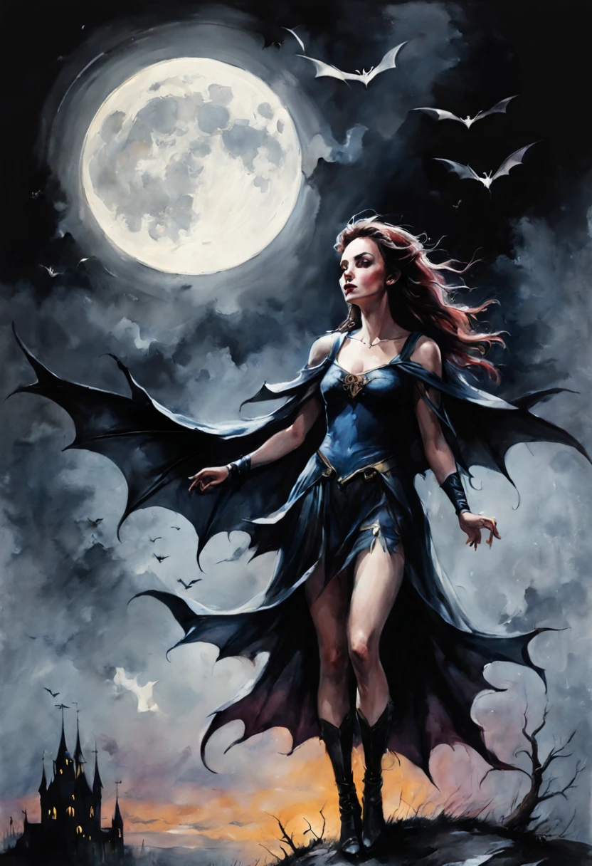 Moonlit Night, Bats, Morgan Le Fay  watercolor, black background,
Style by Gabriele Dell'otto, AI Midjourney, bright saturated colors, watercolor, oil paints,   HDR, 500px, 4k,