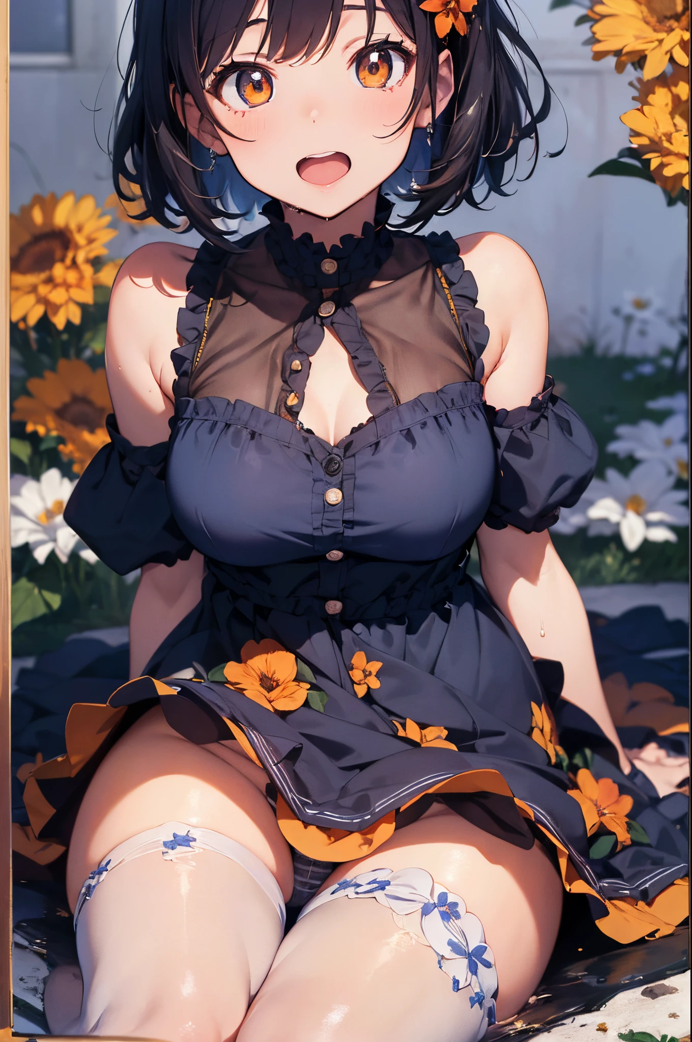 (Best Picture Quality, 4K, High Quality, Masterpiece:1.2), ((Masterpiece)), High Detail, High Quality, (HDR,16k, RAW Beautiful Girl Portrait, Best Picture Quality, Masterpiece:1.2), (Ultra-Definition Illustration), (nsfw:1.2), showing armpits, open chest, (Sit with knees up:1.2), widely spread legs, race lingerie, wet panty, idolmaster, idol costume, on the live concert stage, young , spotlight,Generate an image of an anime idol, (dark navy blue short straight bob hair) Make your eyes a deep blue。, extremely cute, sleeveless, detached sleeves, (orange gorgeous frilled dress with lots of flower stitches:1.3), do not use black on dress, tiara, pantyhose,