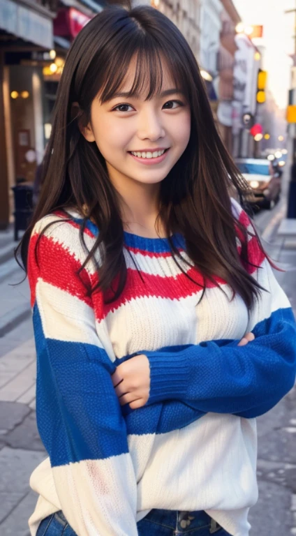 A happy smile looking at this、Colorful sweater、1girl in、18year old、small tit、、A dark-haired、In the city、A slight smil、