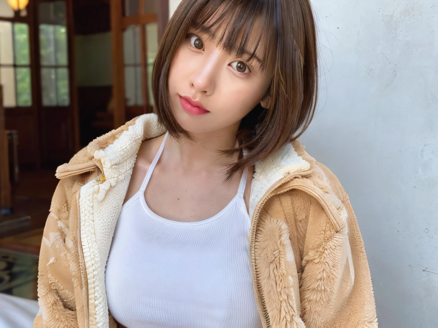 there is a woman with a white top and a tan jacket, angelawhite, 2 7 years old, 2 8 years old, 2 9 years old, asian face, 2 2 years old, ayahausca, 2 3 years old, south east asian with round face, 3 0 years old woman, 30 years old woman, thicc, an asian woman