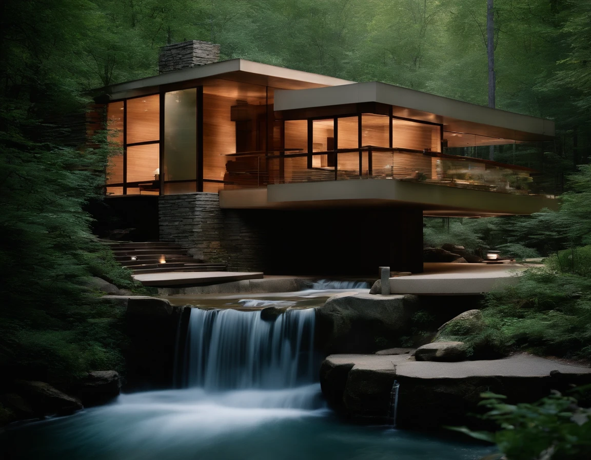 Small glass villa in the forest, futuristic wooden house, Vertical wooden panels (((Water falls))), (((one store house))) (minimalism influence), ((Frank Lloyd Wright Fallingwater)),(((with large terraces))), ((natural lake)), waterfall, one-story house, big panorama windows. (((Standing wooden panels))) waterfall inside atrium, footbridge through waterfall