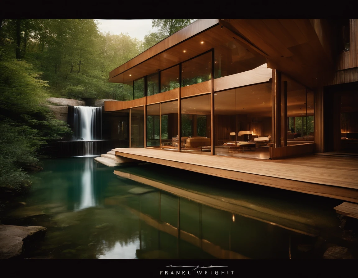 Small glass villa in the forest, futuristic wooden house, Vertical wooden panels (((Water falls))), (((one store house))) (minimalism influence), ((Frank Lloyd Wright Fallingwater)),(((with large terraces))), ((natural lake)), waterfall, one-story house, big panorama windows. (((Standing wooden panels))) waterfall inside atrium, footbridge through waterfall