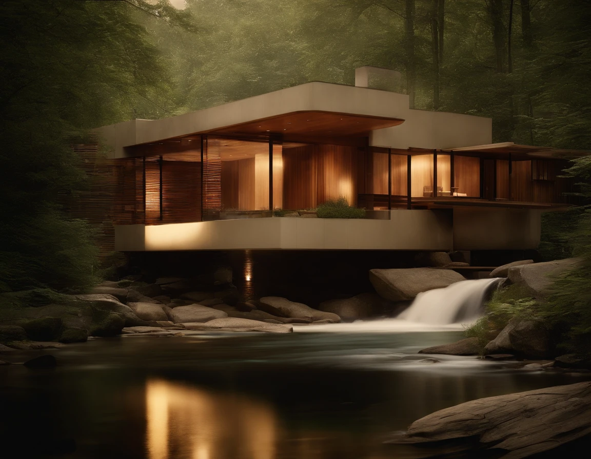 Small glass villa in the forest, futuristic wooden house, Vertical wooden panels (((Water falls))), (((one store house))) (minimalism influence), ((Frank Lloyd Wright Fallingwater)),(((with large terraces))), ((natural lake)), waterfall, one-story house, big panorama windows. (((Standing wooden panels))) waterfall inside atrium, footbridge through waterfall