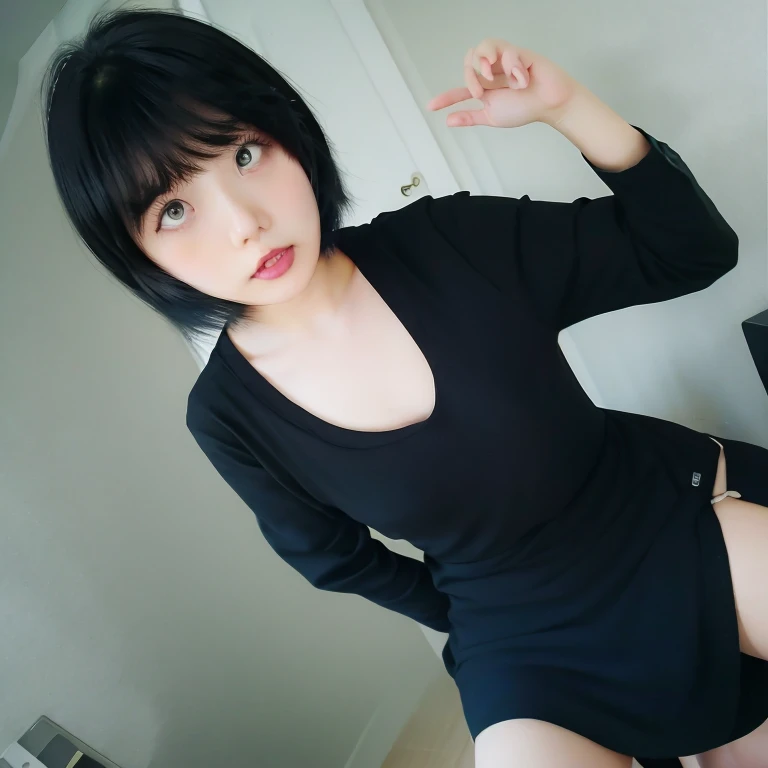 1girl in, 22year old, gradient, up looking_で_viewer, Black_hair, Solo by JM, Yoshiko Akishino, Shorthair, Black Casual Dress