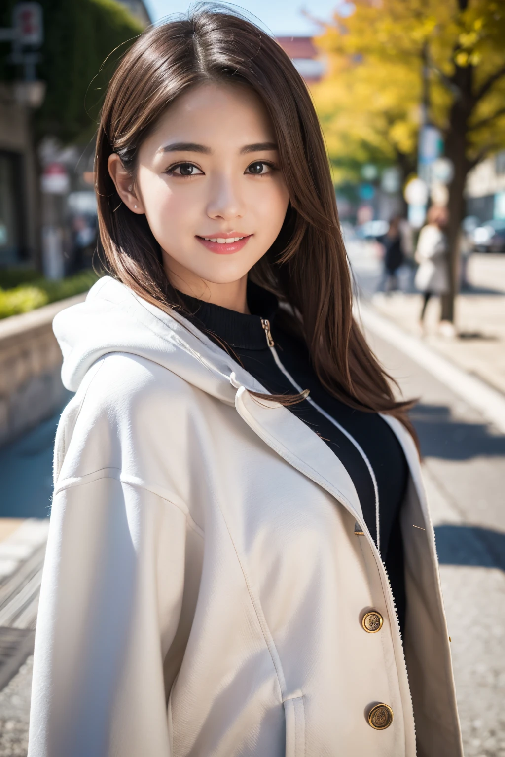 (8K,Raw photo、Raw photo、top-quality、Master masterpiece:1.2)、ultra-detailliert、Super Resolution、(Photorealsitic:1.3)、Angle to shoot from the front、Clearly draw shades of light、high resolution RAW color photos、professional photograpy、Same skin type as humans、Female proofreading of Japan from head to waist、Blur the background、Draws faithfully to anatomy、Very detailed and beautiful、Ultra-high image quality、long、Hair swaying and sexy、Very detailed beautiful girl、（Pink Eye Shadow）、smil、Plain clothe、yuki、coat、hoods、Hokkaido