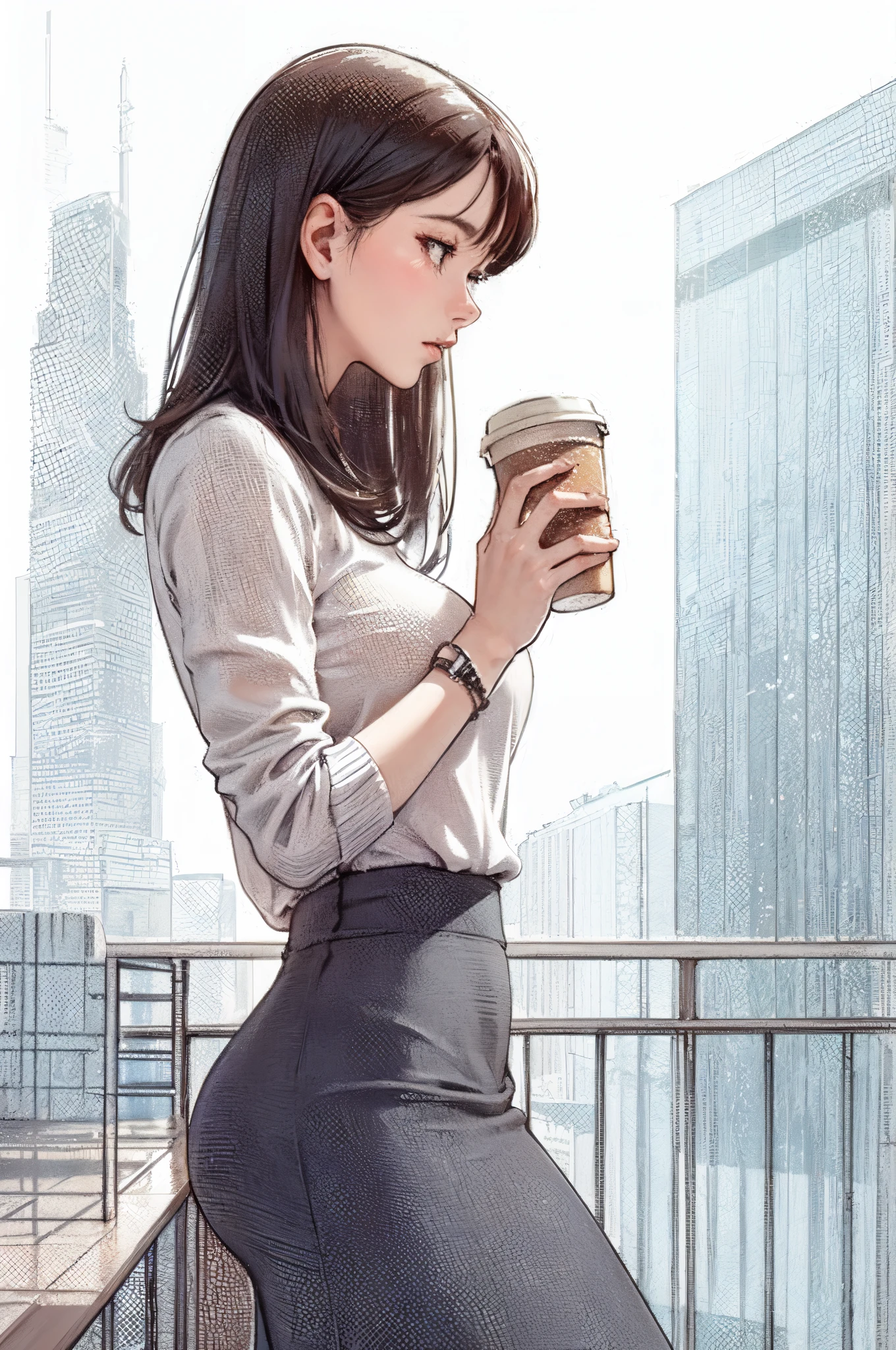 1lady standing, holding a coffee cup, facing away, office worker outfit, mature female, /(black hair/) bangs, (masterpiece best quality:1.2) delicate illustration ultra-detailed, large breast BREAK /(modern office indoors/), skyscraper