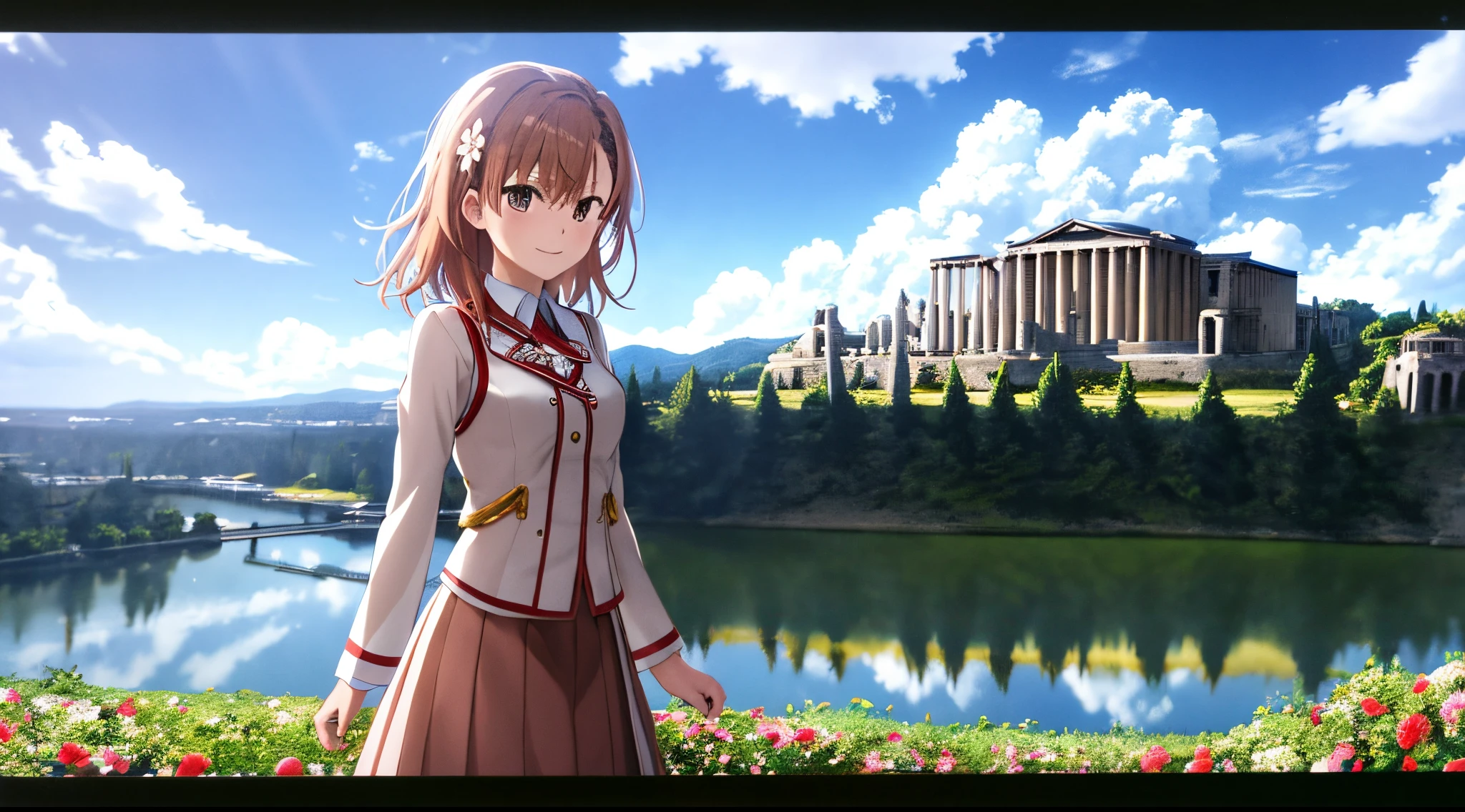 (A Certain Science Railgun, Misaka Mikoto), brown skin, school uniform, (pink medium hair), young, cute, beautiful girl, perfect style, big, emphasized cleavage, expressionless, realistic, realistic, 8k, very detailed, highest quality, best quality, super high definition, masterpiece, one girl, (background is Egyptian pyramids),