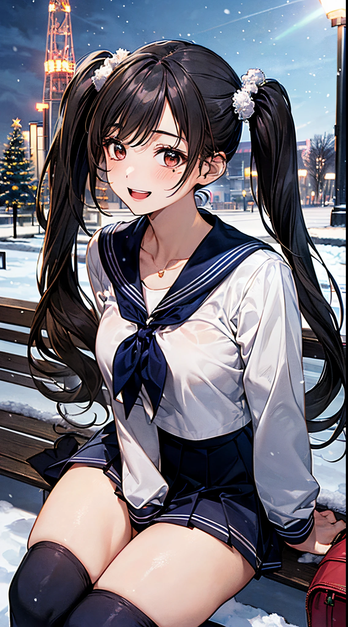 ((((perfect anatomy, super detailed skin)))), 1 girl, japanese, high school girl, shiny skin, large breasts:0.5, looking away, looking up, watching the view, from below,
beautiful hair, beautiful face, beautiful detailed eyes, (long hair:1.4, twintails:1.7), blond hair, brown eyes,
beautiful clavicle, beautiful body, beautiful chest, beautiful thigh, beautiful legs, face, mole under eye,
((((long sleeves)), all navy sailor suit, navy pleated skirt, navy sailor collar, red sailor scarf, thigh-highs, short boots), school bag, cross necklace), seductive thighs, ,
((smile:1.5, open your mouth wide)), , female masturbation, lifting skirt myself,
(beautiful scenery),winter, midnight, hokkaido, sapporo, odori park, park bench, sitting, christmas, christmas tree, illumination, tv tower, snow, snowfall:1.5, freezing weather, frost,
(8k, top-quality, masterpiece:1.2, extremely detailed), (photorealistic), beautiful illustration, cinematic lighting,