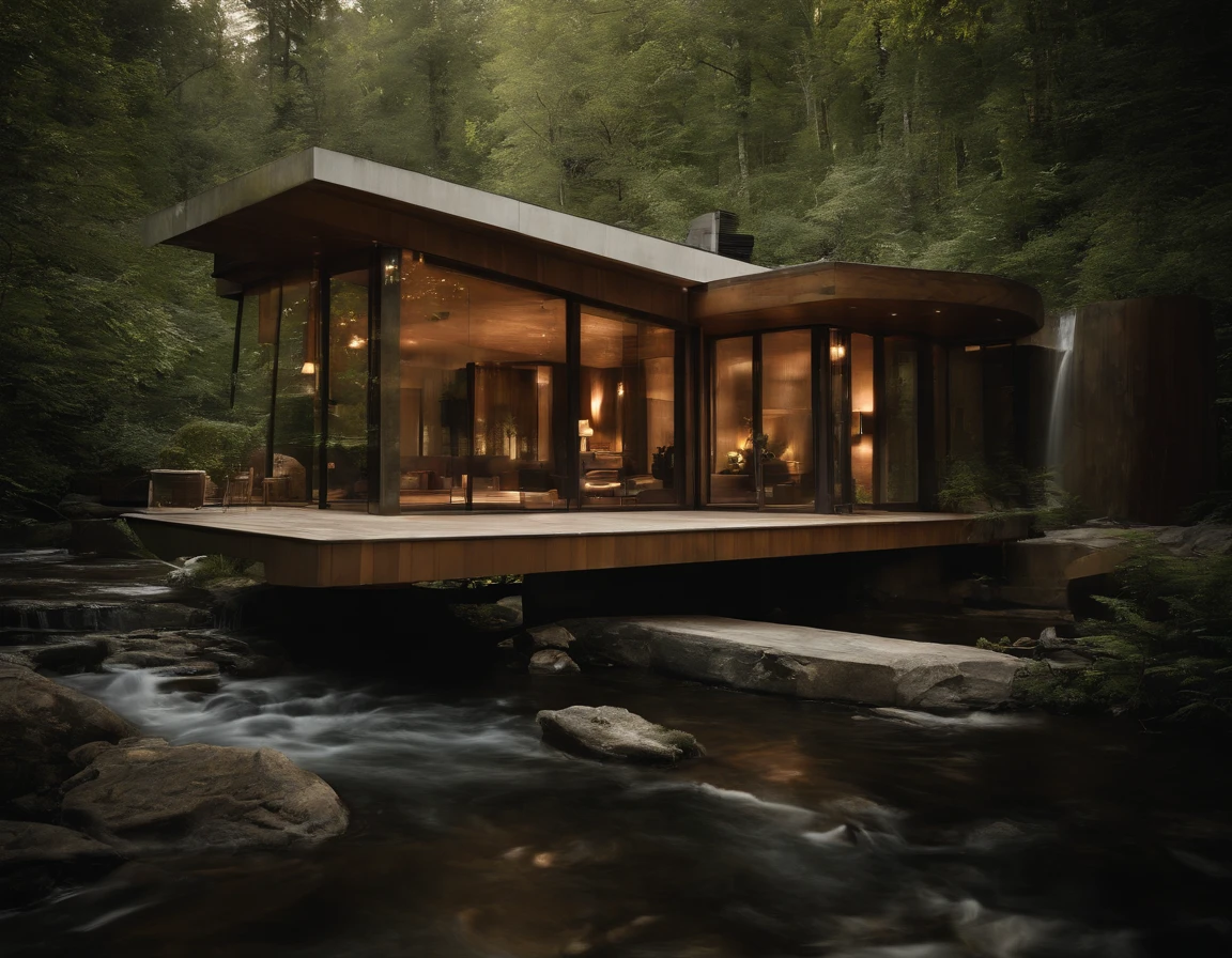 Small glass villa in the forest, futuristic wooden house, Vertical wooden panels (((Water falls))), (((one store house))) (minimalism influence), ((Frank Lloyd Wright Fallingwater)),(((with large terraces))), ((natural lake)), waterfall, one-story house, big panorama windows. (((Standing wooden panels))) waterfall inside atrium, footbridge through waterfall