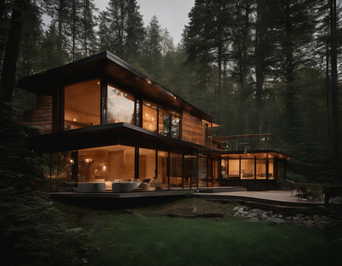 Small glass villa in the forest, futuristic wooden house, Vertical wooden panels (((Water falls))), (((one store house))) (minimalism influence), ((Frank Lloyd Wright Fallingwater)),(((with large terraces))), ((natural lake)), waterfall, one-story house, big panorama windows. (((Standing wooden panels))) waterfall inside atrium, footbridge through waterfall