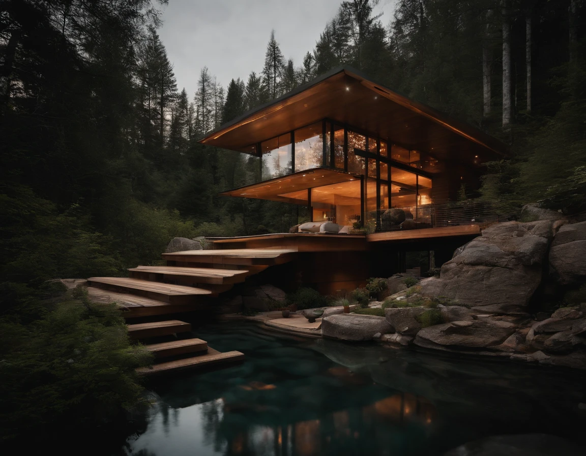Small glass villa in the forest, futuristic wooden house, Vertical wooden panels (((Water falls))), (((one store house))) (minimalism influence), ((Frank Lloyd Wright Fallingwater)),(((with large terraces))), ((natural lake)), waterfall, one-story house, big panorama windows. (((Standing wooden panels))) waterfall inside atrium, footbridge through waterfall