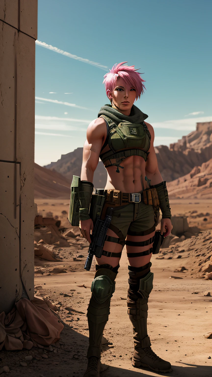 5'10, post apocalyptic landscape, pink hair, green eyes, short hair, muscular body, wearing body armor